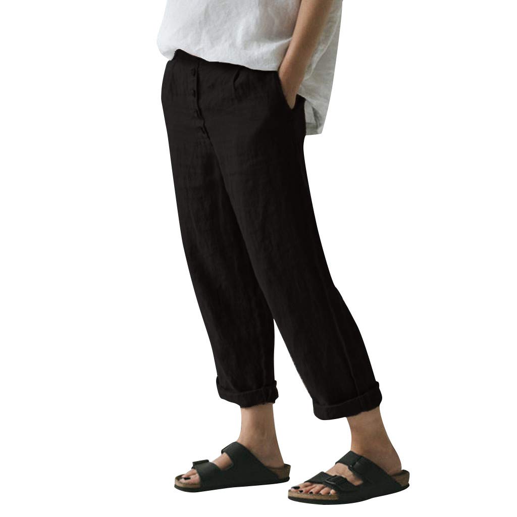 YunZyun Women's Casual Cotton Linen Dress Pants - Solid Color Button Front Loose Wide Leg Trousers for Office, Travel & Everyday Wear