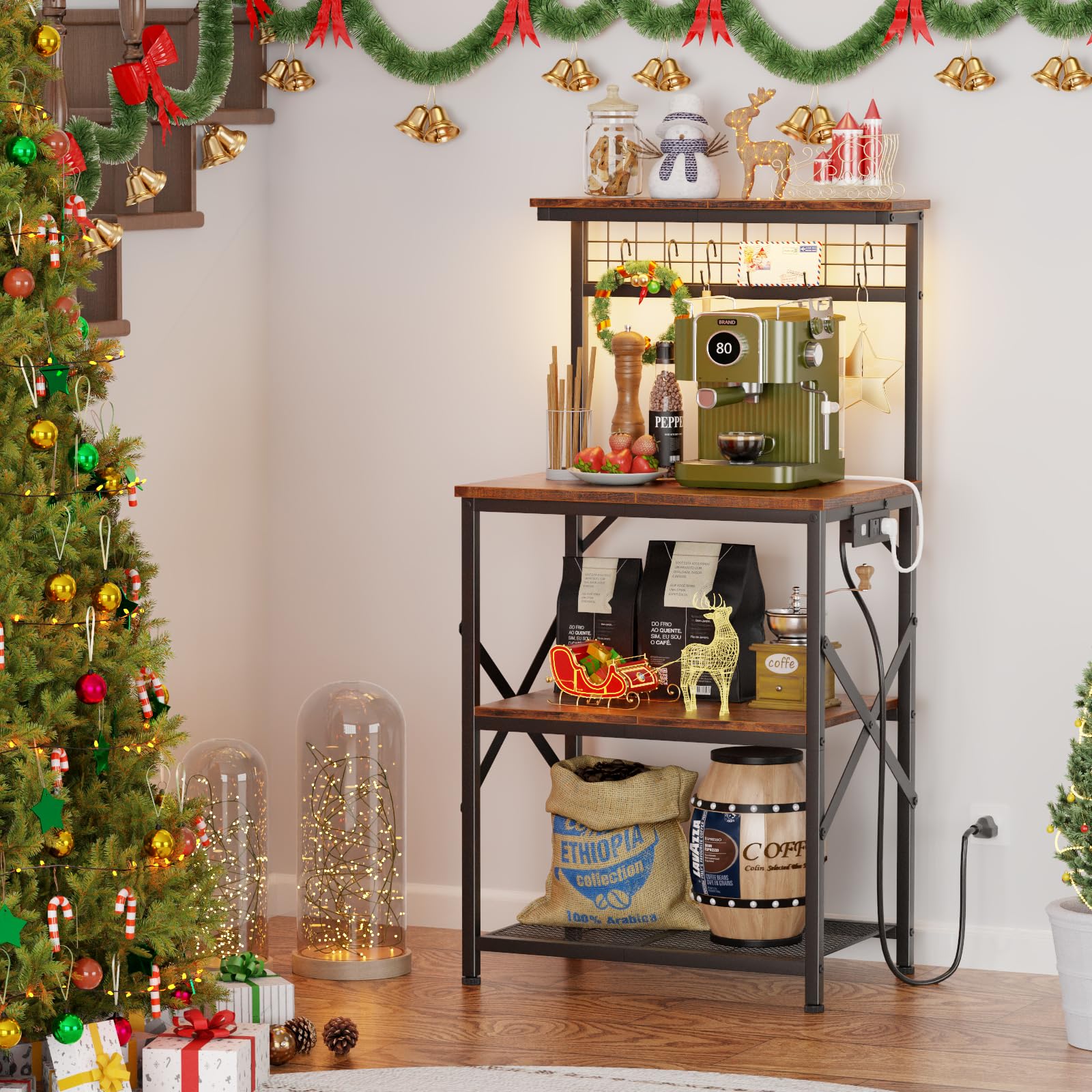 Furologee 4-Tier Bakers Rack with Power Outlet & LED Lights - Rustic Brown Kitchen Storage Shelf for Microwave, Coffee Bar, Spices & Pots - Perfect for Small Kitchens, Apartments & Coffee Stations