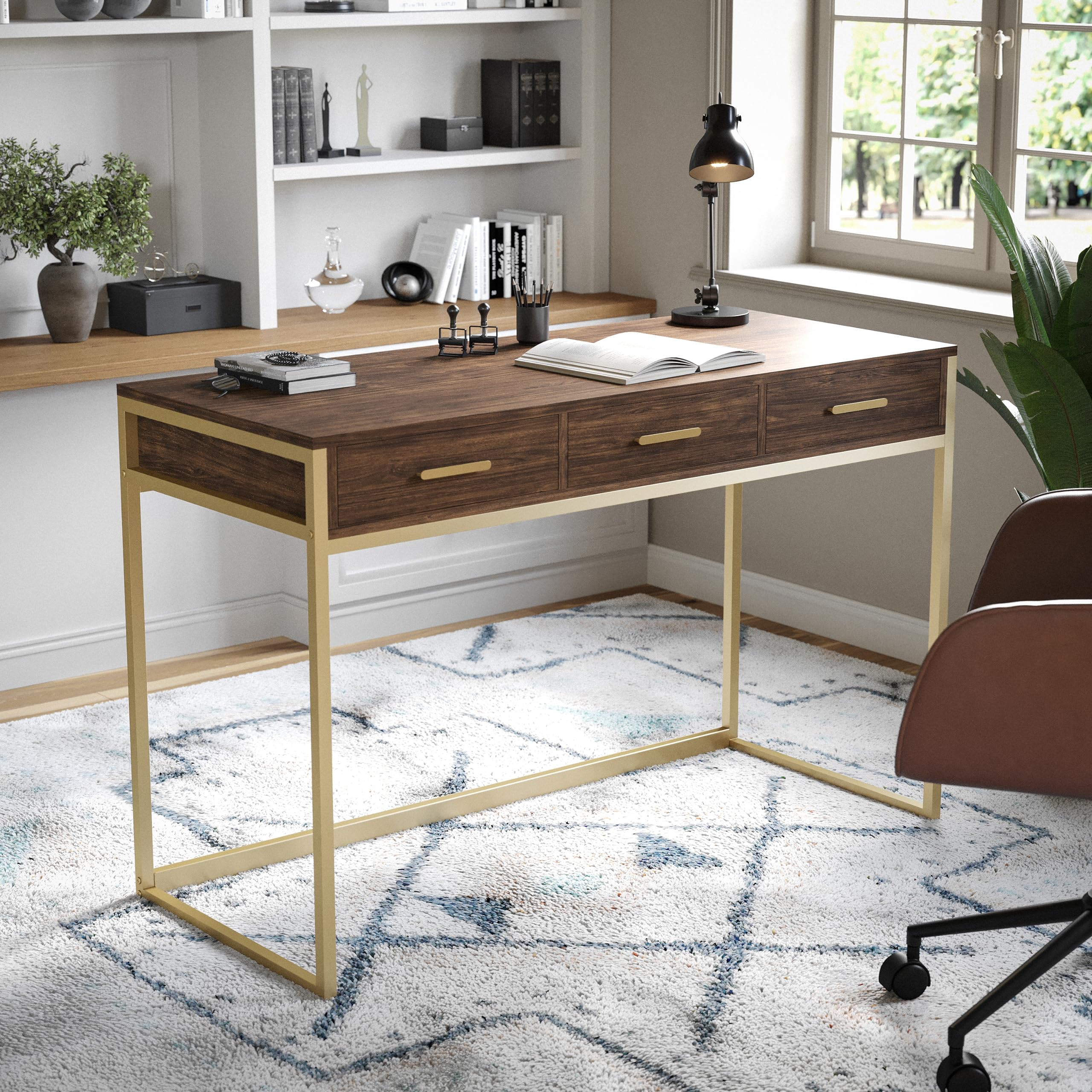 Martha Stewart Ollie Home Office Desk with 3 Drawers - Walnut Wood Grain & Polished Brass Hardware - Perfect for Small Spaces, Remote Work & Modern Home Offices