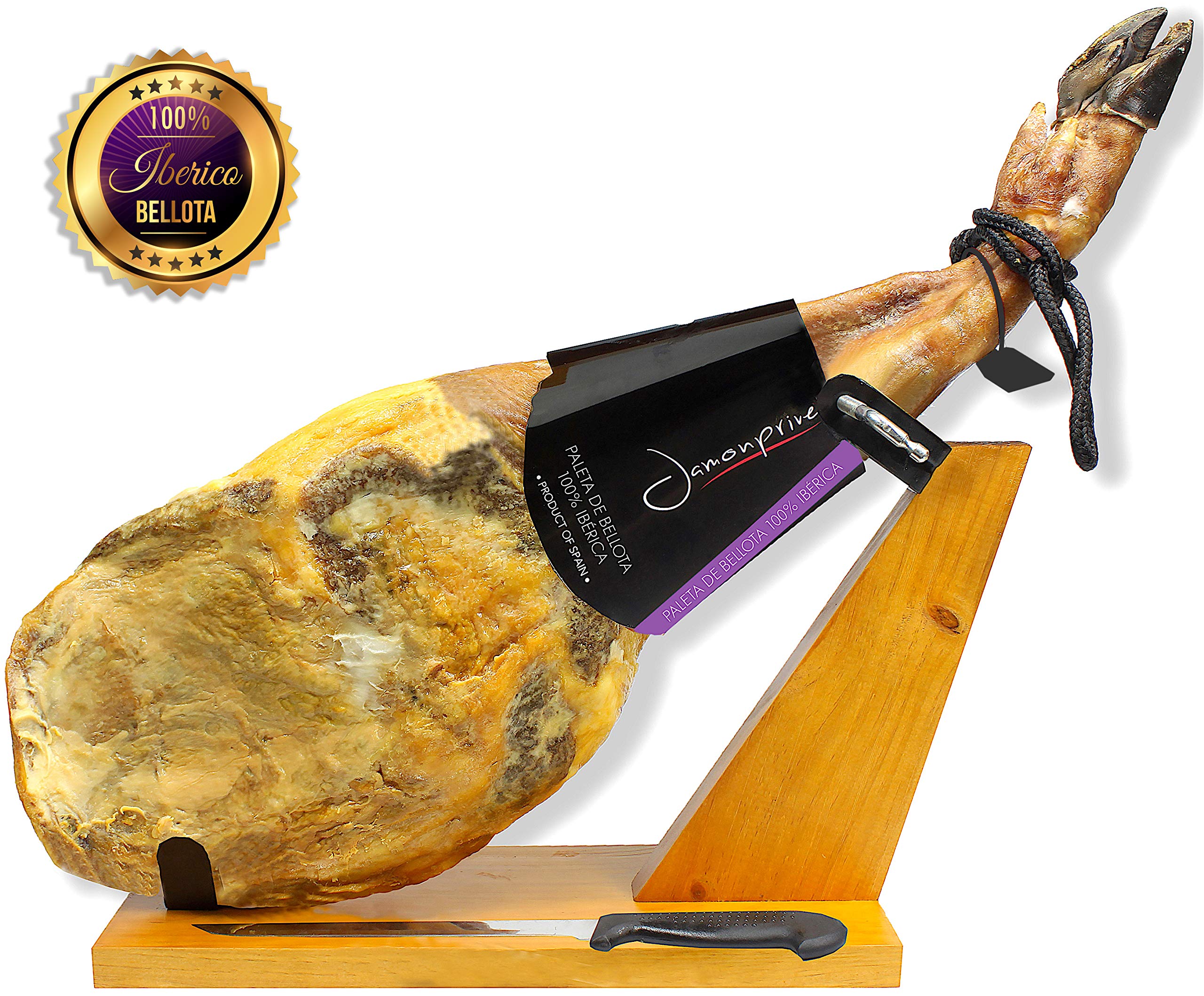 Premium Iberico Acorn-Fed Bellota Ham Shoulder Bone-In from Spain - 100% Pure Breed Pata Negra - Gluten Free (Includes Ham Stand & Knife) - Perfect for Charcuterie Boards, Gourmet Gifts & Spanish Cuisine