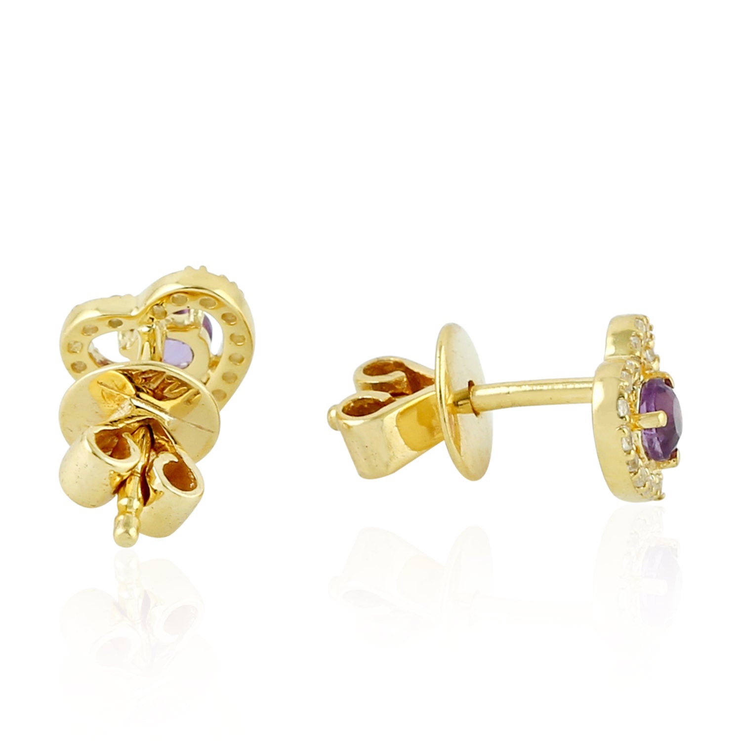 14K Yellow Gold Amethyst Pave White Topaz Heart Stud Earrings – Elegant Jewelry for Valentine's Day, Anniversary & Romantic Gifts