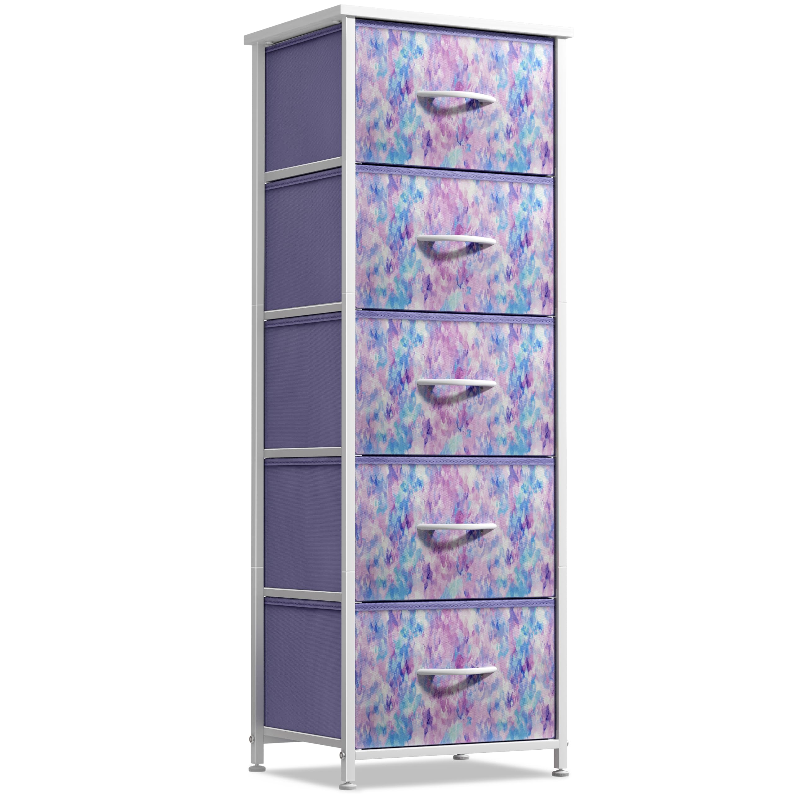 Sorbus Kids Dresser with 5 Fabric Drawers - Tall Storage Tower & Clothing Organizer for Bedroom, Nursery, Playroom - Steel Frame with Wood Handles (Tie-Dye Purple) | Perfect for Organizing Toys, Clothes & Accessories in Children's Rooms