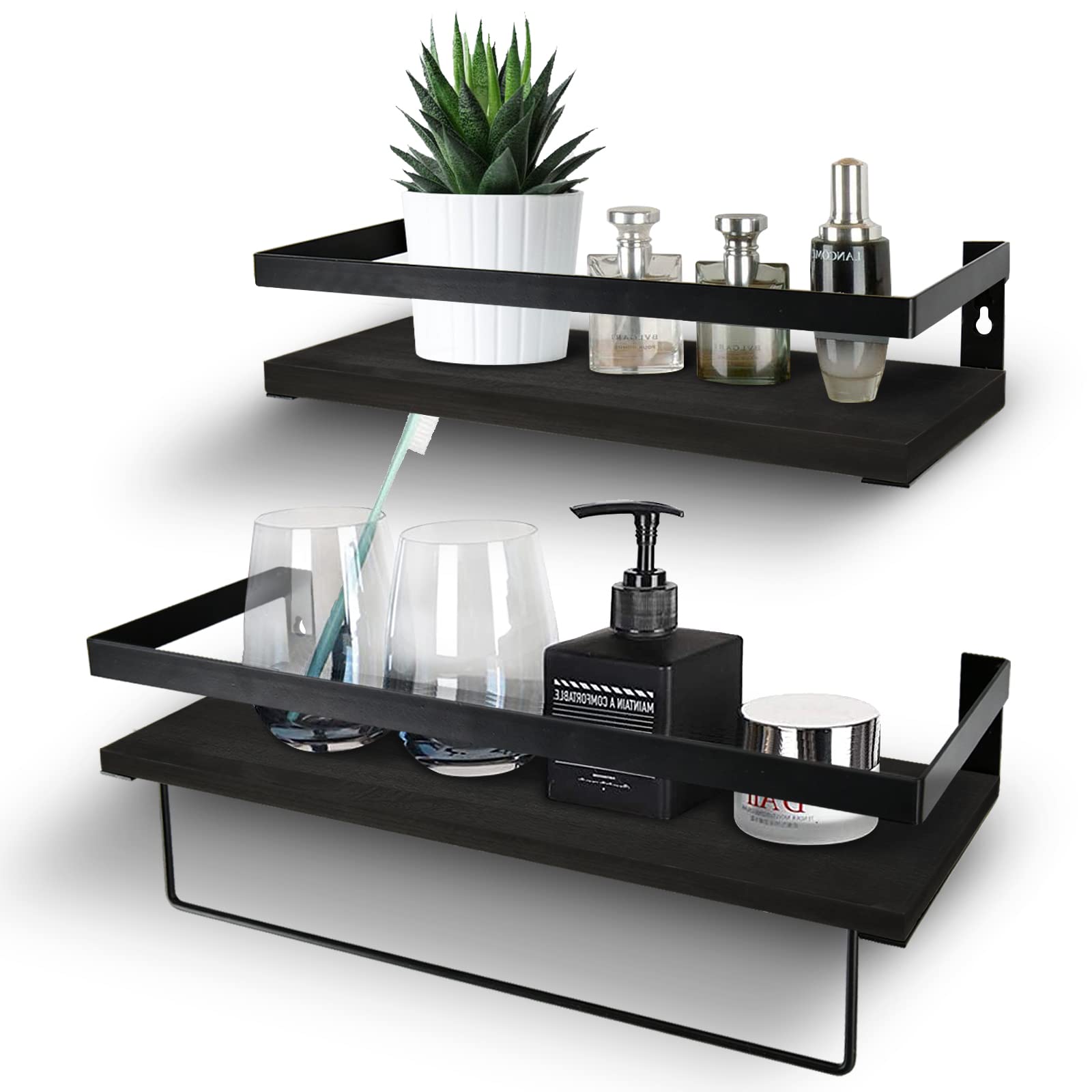 Wall Mounted Bathroom Storage Shelf Set of 2 - Rustic Wood Floating Shelves with Removable Towel Bar, Space Saving Organizer for Towels & Toiletries - Perfect for Small Bathrooms, Kitchens & Apartment Living (Black)