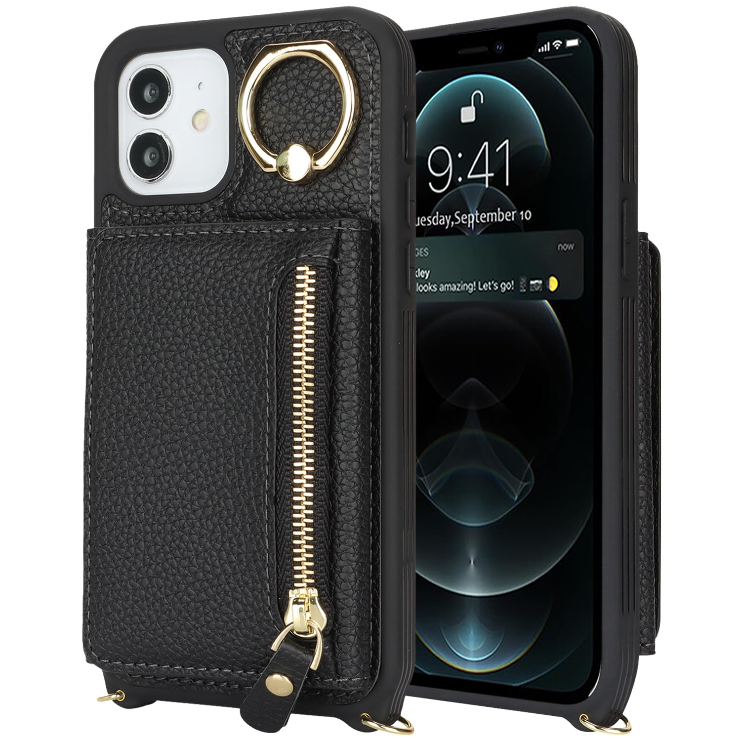 Premium Leather iPhone 12/12 Pro Wallet Case with Card Holder, Crossbody Strap & Stand Ring - Black | Slim Protective Phone Cover with Zipper Pocket for Women & Men | Perfect for Travel, Shopping & Everyday Use