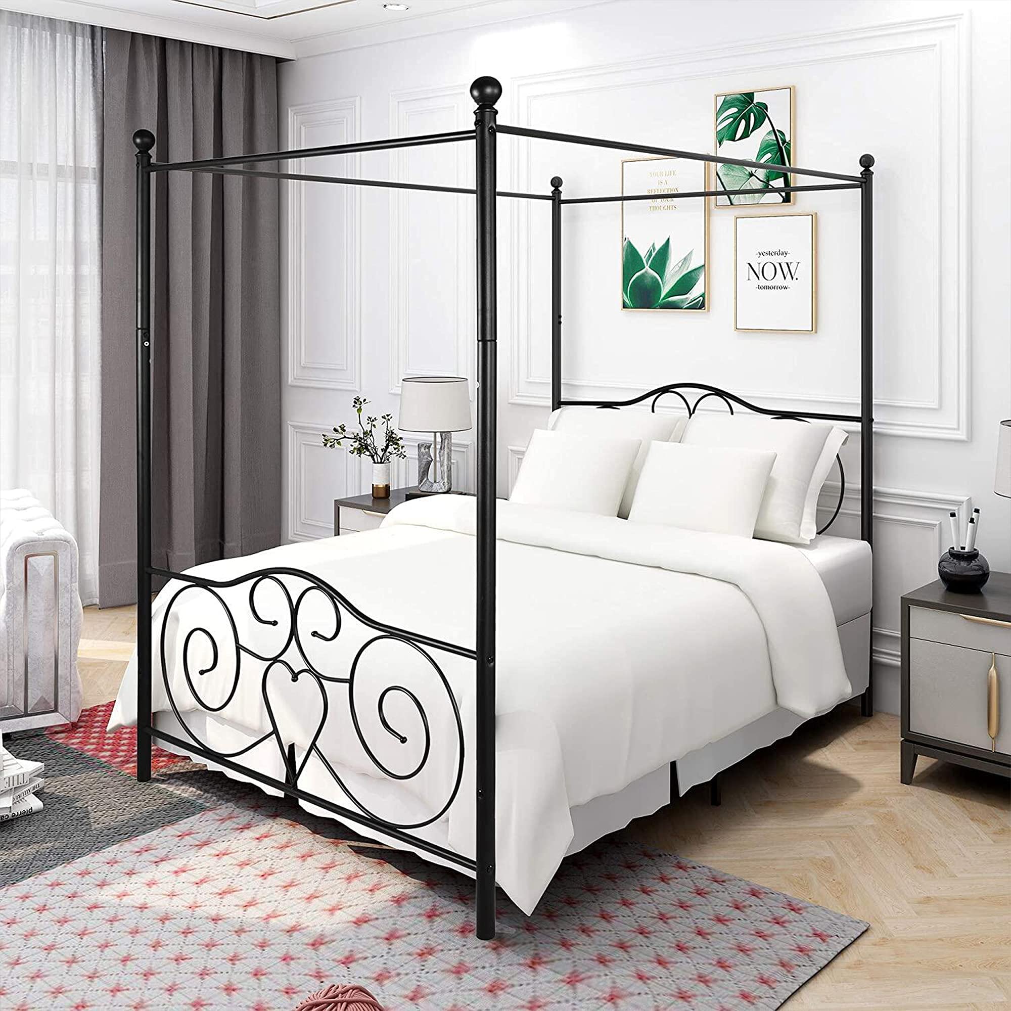 Heavy Duty Steel Canopy Bed Frame with Headboard - No Box Spring Needed for Bedroom Decor (Black)