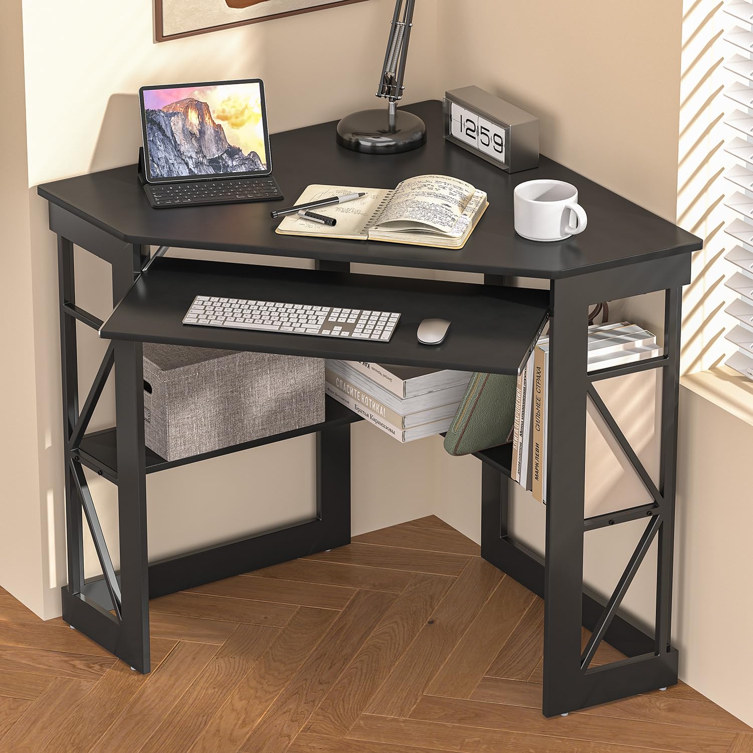 VECELO Compact Corner Desk with Keyboard Tray & Storage Shelves - Black Triangle Computer Desk for Home Office, Gaming & Small Spaces | Writing Table with Smooth Surface & Ergonomic Design