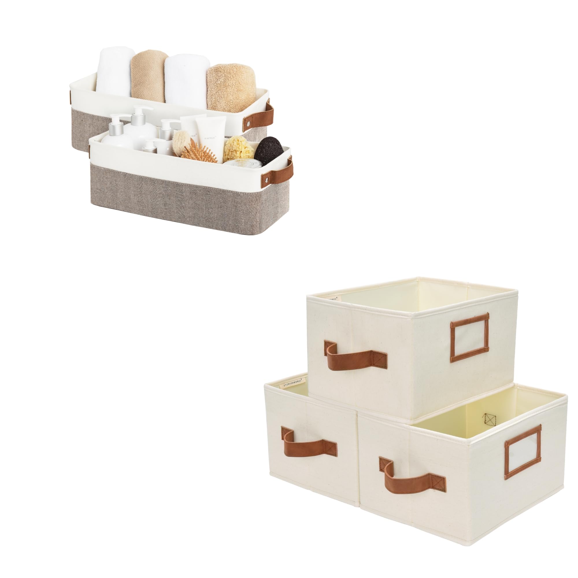 Narrow Storage Bins with PU Handles - Small Organizing Baskets for Shelves & Home Decor