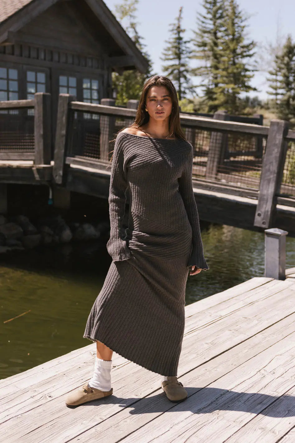 Grove Ribbed Maxi Dress in Charcoal - Women's Long Sleeve Bodycon Dress for Casual, Party & Evening Wear - FINAL SALE