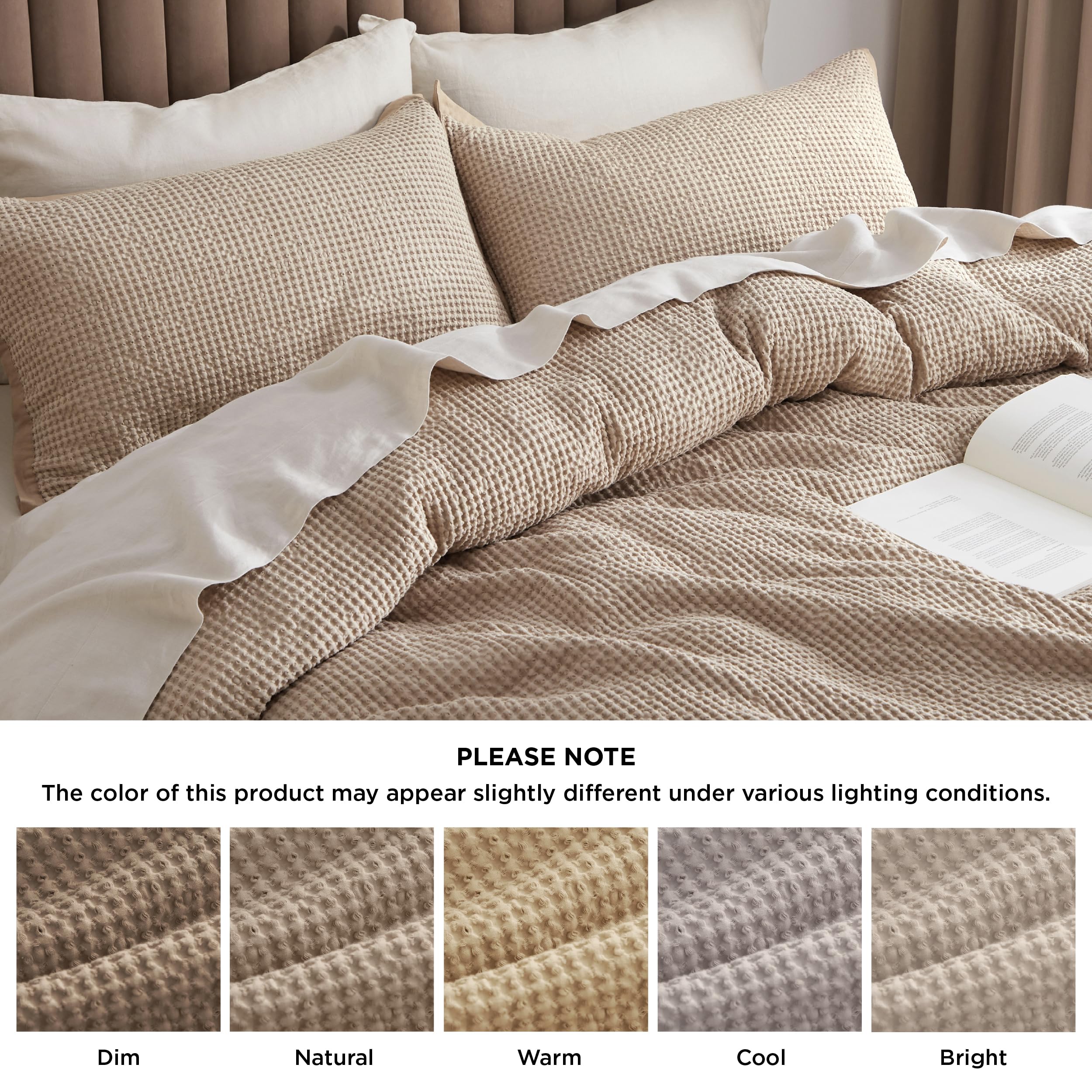 Bedsure 100% Cotton Waffle Weave Duvet Cover King Size - Soft & Breathable Khaki Tan Bedding Set for All Seasons, 3-Piece (104