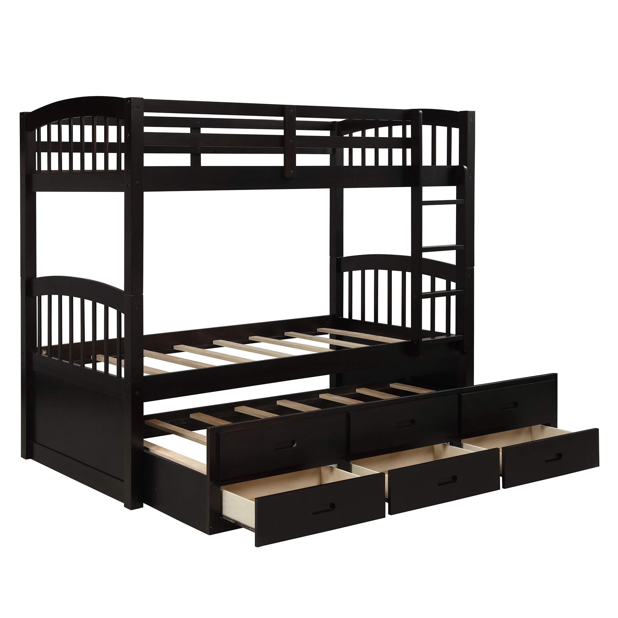 Solid Wood Twin Over Twin Bunk Bed for Kids with Trundle, Storage Drawers & Safety Guardrails - No Box Spring Needed (Espresso + Pine) - Perfect for Small Bedrooms, Guest Rooms & Vacation Homes