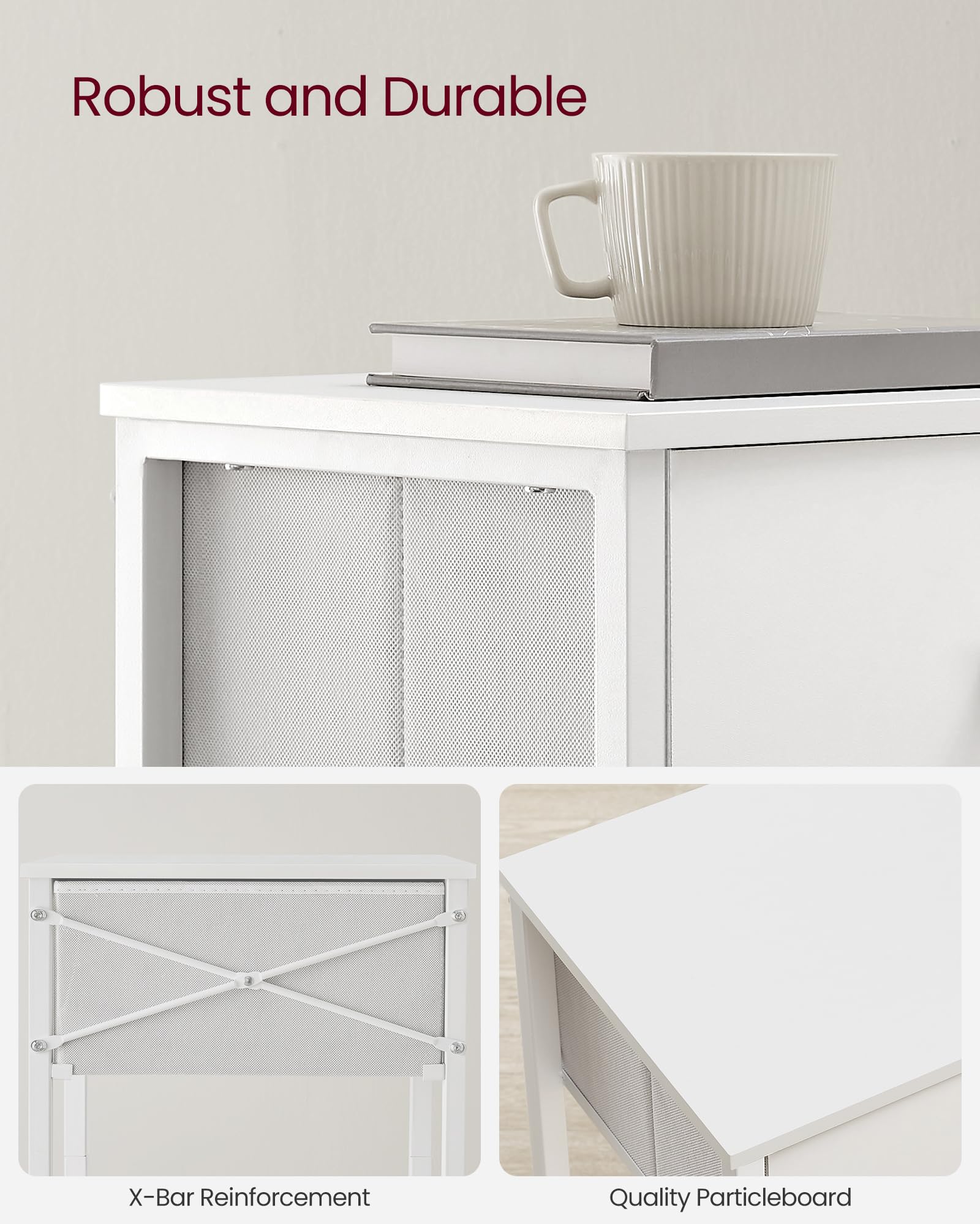 VASAGLE 24-Inch Tall Nightstand Set of 2 - White Fabric Drawer Side Tables with Storage Shelf for Bedroom | Perfect for Small Spaces, Guest Rooms & Apartment Living