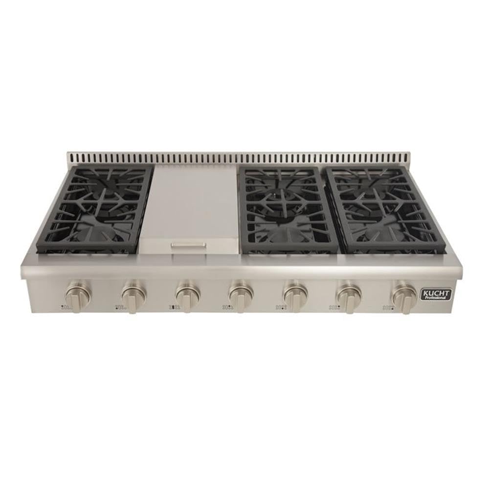 Kucht KRT481GU-S 48 Inch Professional Natural Gas Range Top with Sealed Burners & Stainless Steel Griddle - Classic Silver Knobs | Perfect for Commercial Kitchens, Restaurants & Home Chefs