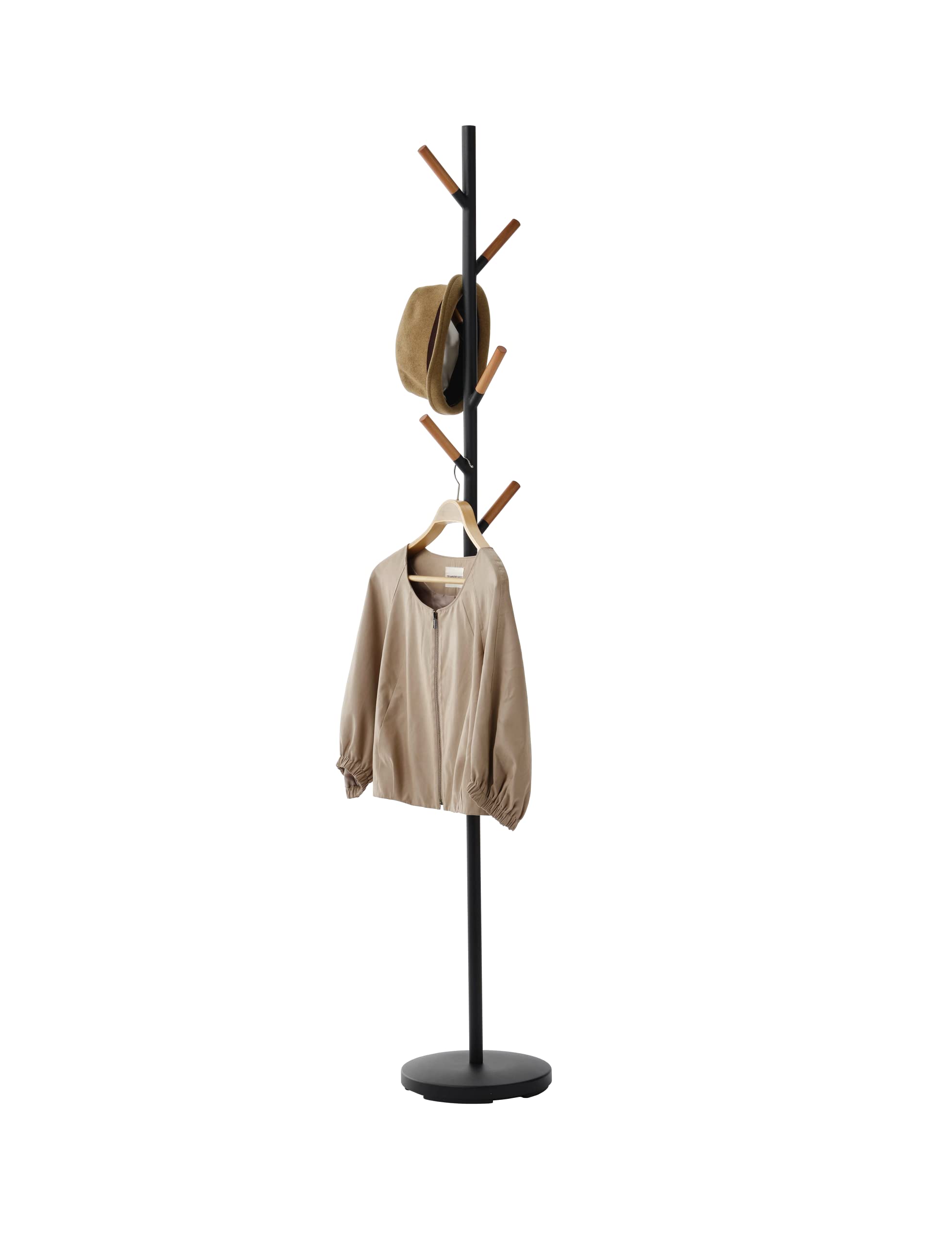 Yamazaki Home Freestanding Coat Rack with Wooden Hooks - 70 Inch Space Saving Entryway Organizer for Jackets, Hats & Bags - Sturdy Steel Construction for Hallway, Bedroom or Office