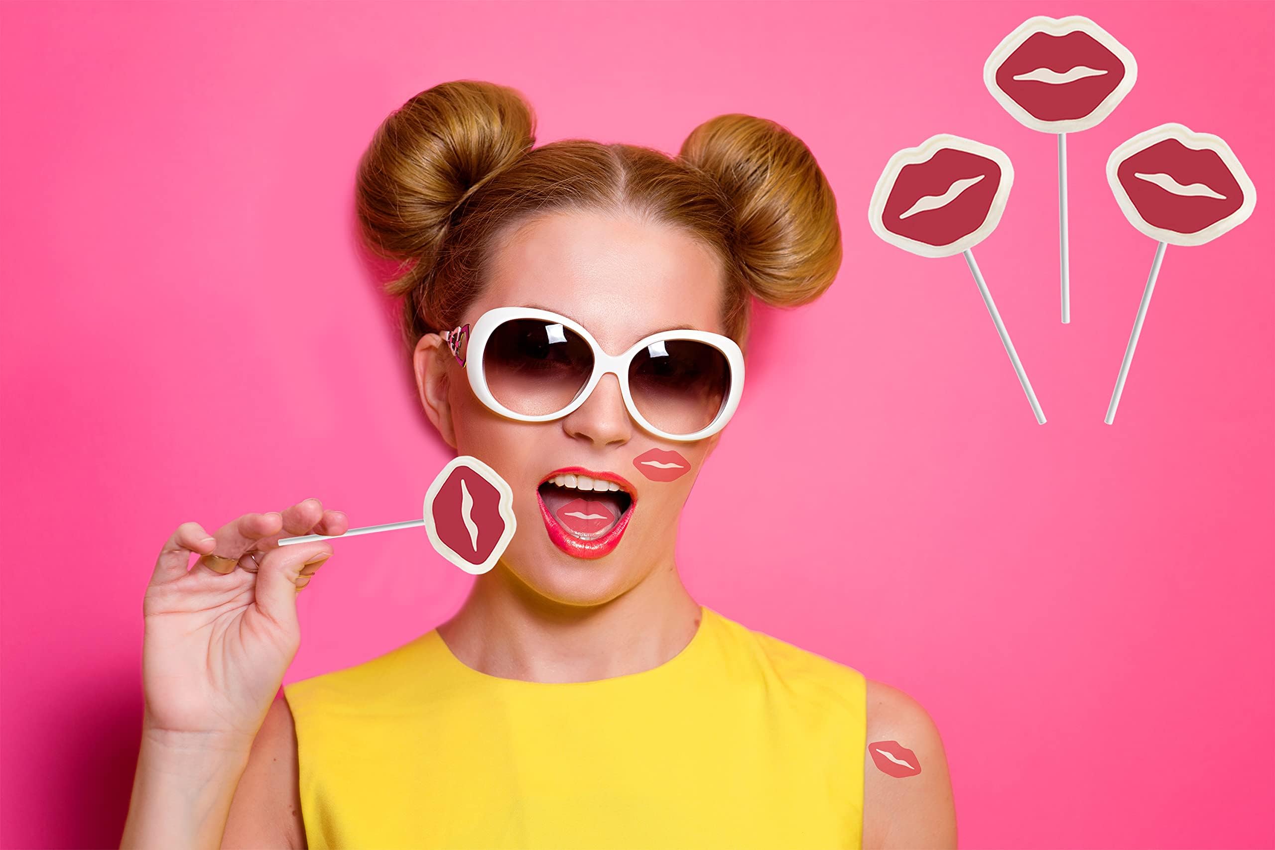 Valentine's Day Red Lips Tattoo Lollipops - White Lip Shaped Candy with Edible Red Lips Design, Individually Wrapped Suckers (1 Pound Bag) - Perfect for Valentine Gifts, Party Favors & Romantic Events