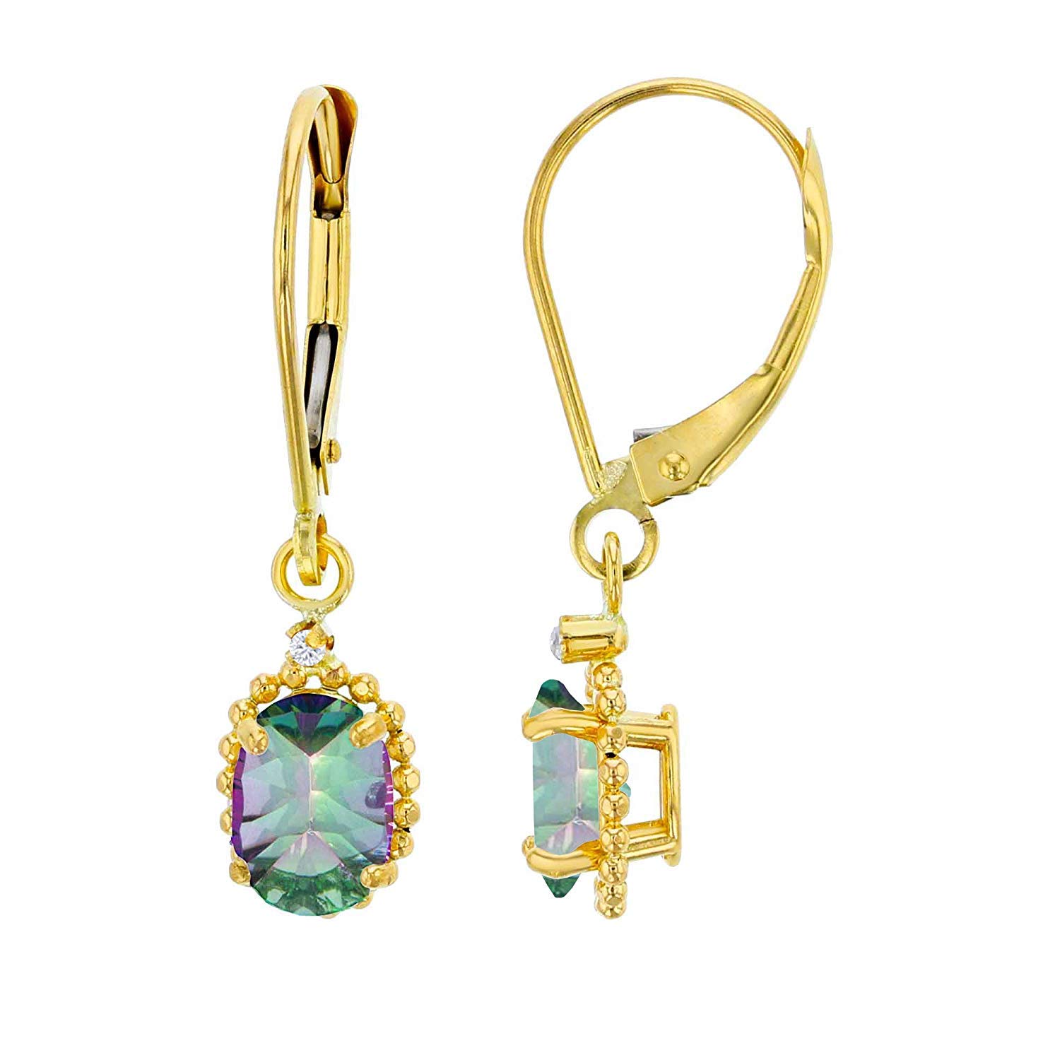 10K Yellow, White & Rose Gold 1.25mm Round White Topaz & 6x4mm Oval Gemstone Bead Drop Leverback Earrings | Genuine Birthstone Jewelry for Women | Perfect for Weddings, Parties & Gift Giving