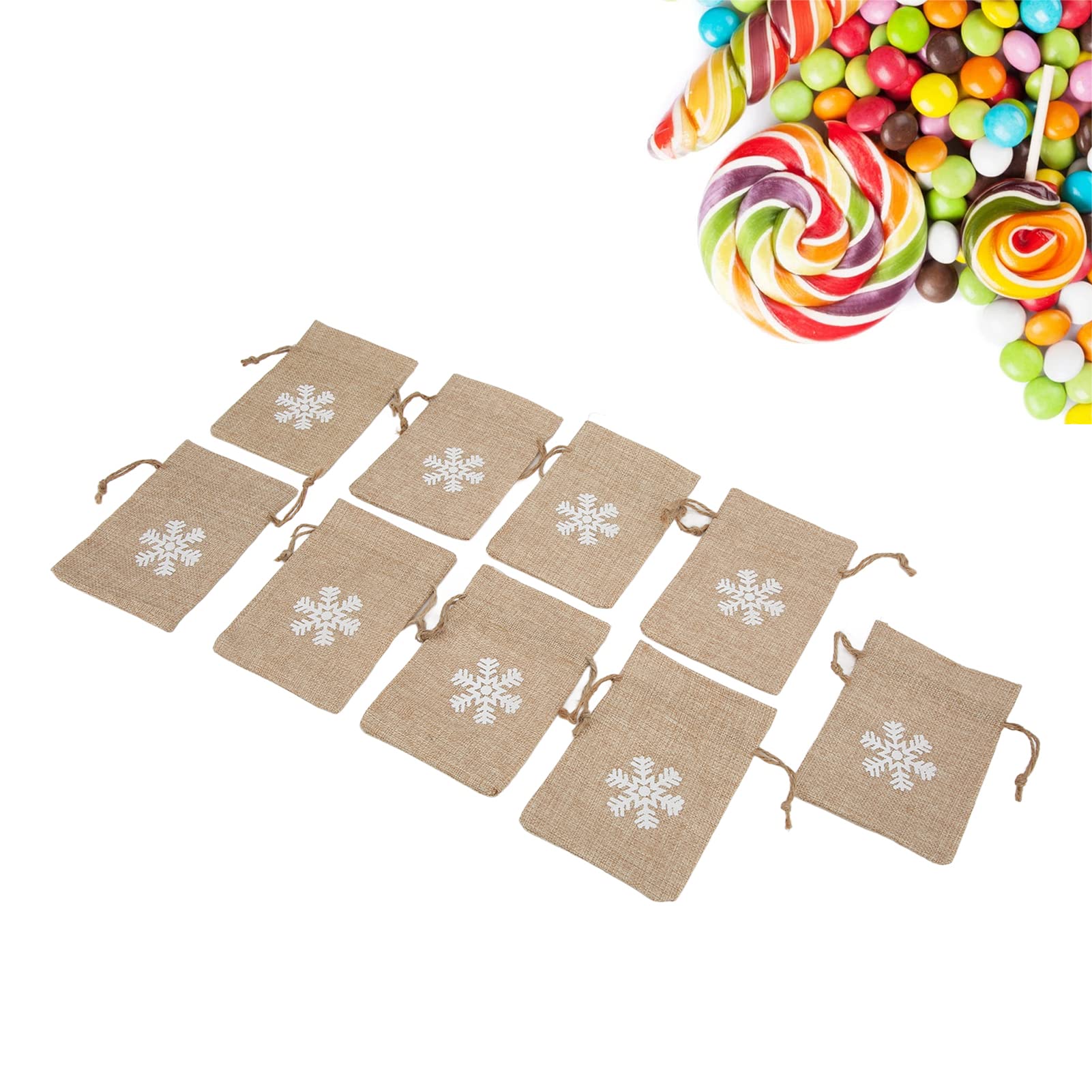 4.1 x 5.9 Inch Reusable Burlap Drawstring Gift Bags with White Snowflake Print - 9 Pack for Christmas Presents, Party Favors & Wedding Decorations