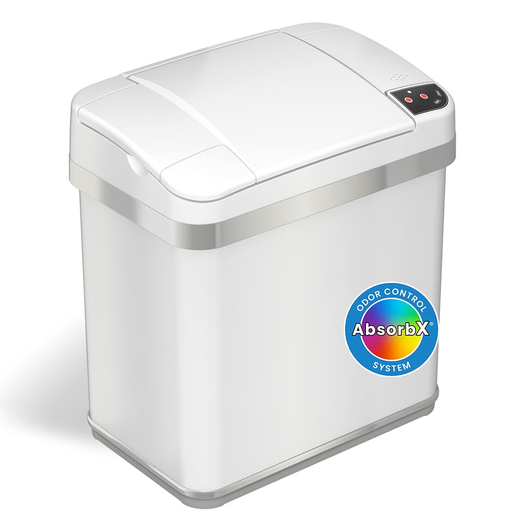 iTouchless 2.5 Gallon Automatic Trash Can with Odor AbsorbX Filter & Fragrance - Touchless Sensor, White Pearl Design - Perfect for Bathroom, Office, Kitchen & Home Waste Bin (Model MT02SW-4) | Odor Control & Hands-Free Convenience