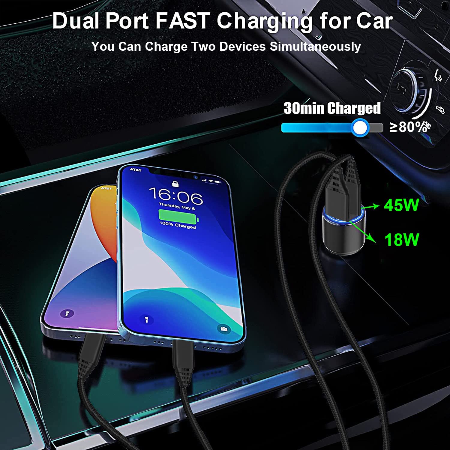 63W Fast Car Charger with USB-C & USB-A Ports for Samsung Galaxy S24/S24+/S25/S25 Ultra/S23 FE/S22/S21/A Series - Dual Port 45W PD & 18W Quick Charge - Perfect for Road Trips & Daily Commute