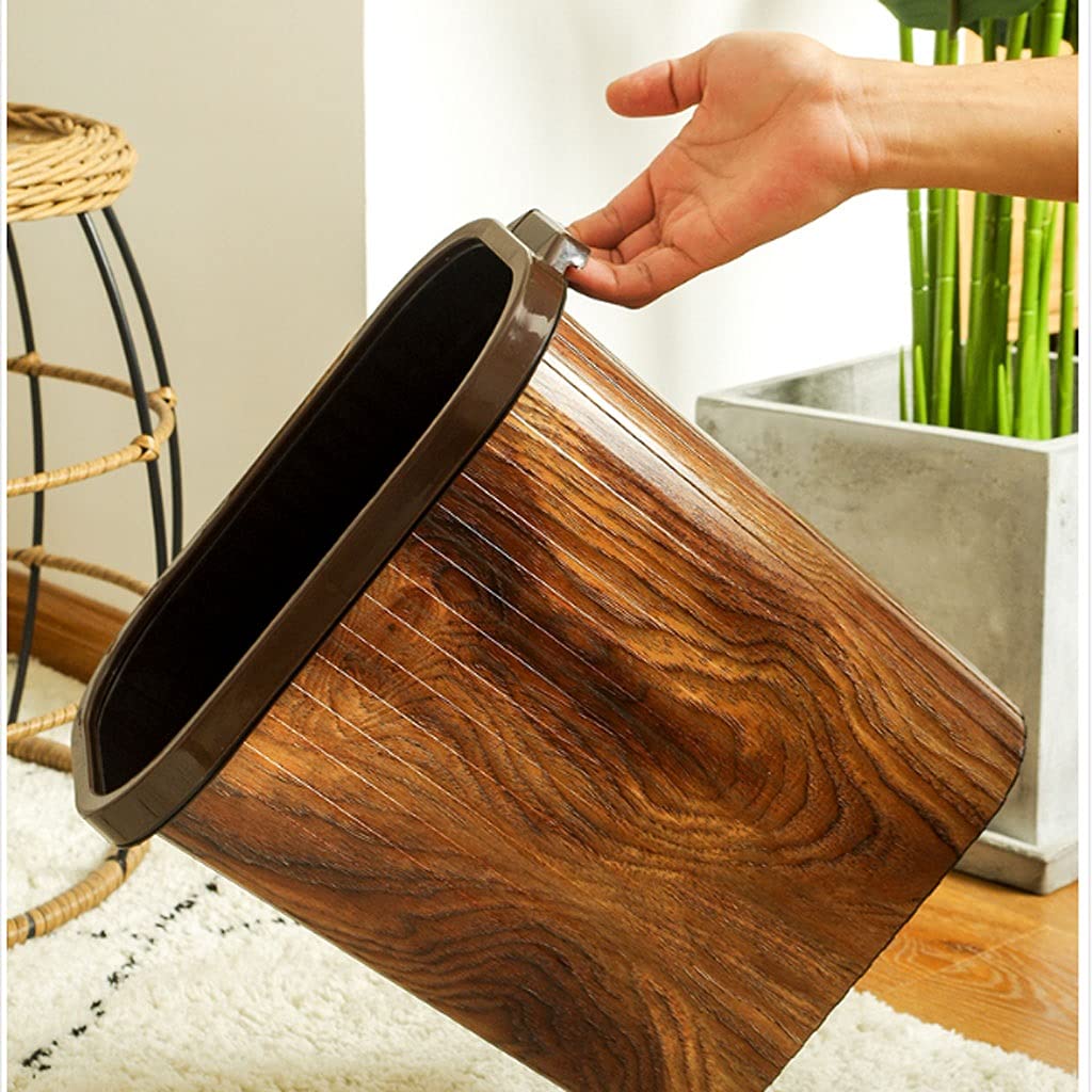 12L Retro Wood Grain Plastic Trash Can - Uncovered Rectangular Garbage Bin for Home, Office & Business Storage | Durable & Stylish Yellow Waste Basket | Perfect for Kitchen, Bathroom & Office Spaces