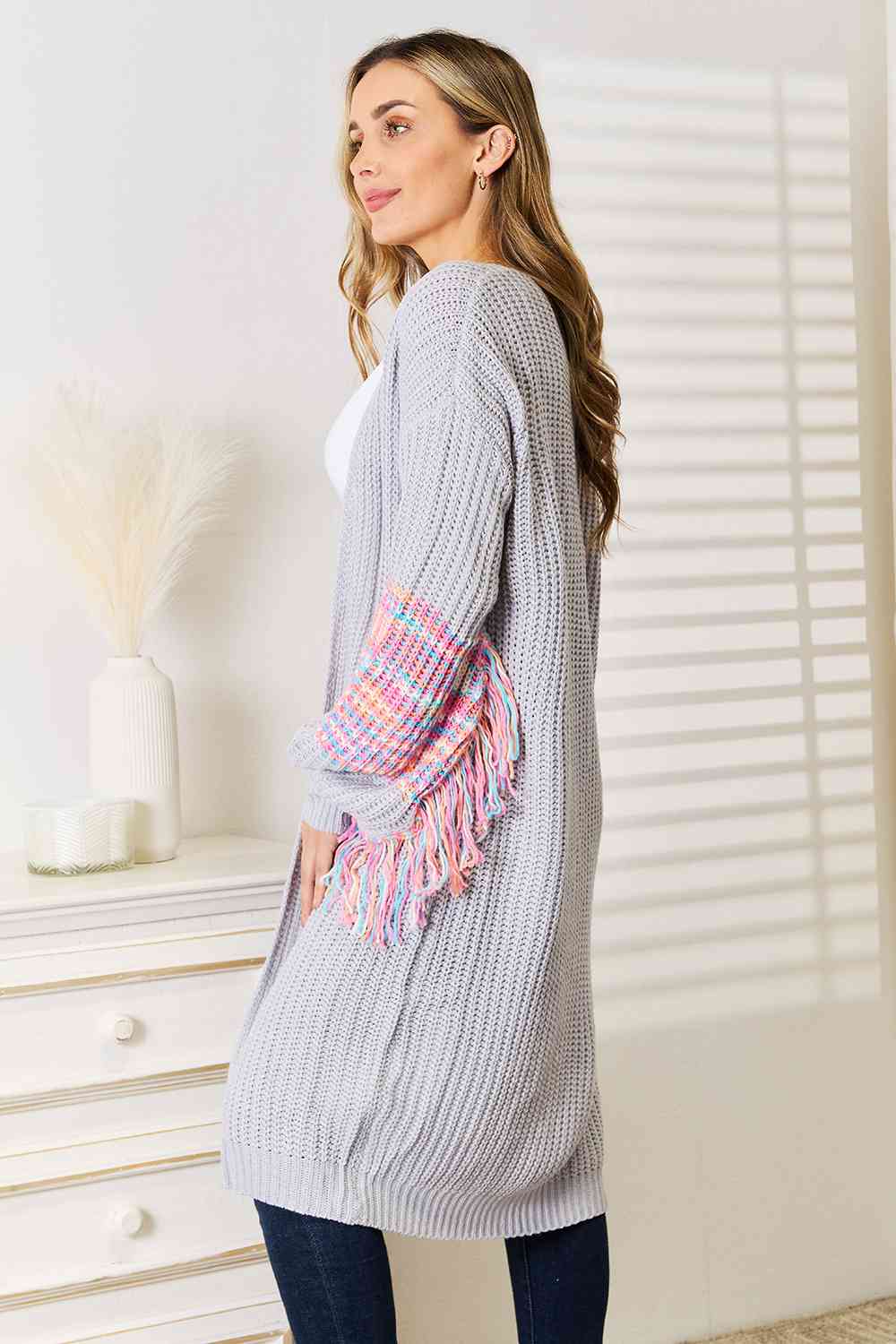 Cloudy Blue Fringe Sleeve Drop Shoulder Cardigan Sweater - Boho Chic Knitwear for Women | Perfect for Fall Layering, Coffee Dates & Casual Outings