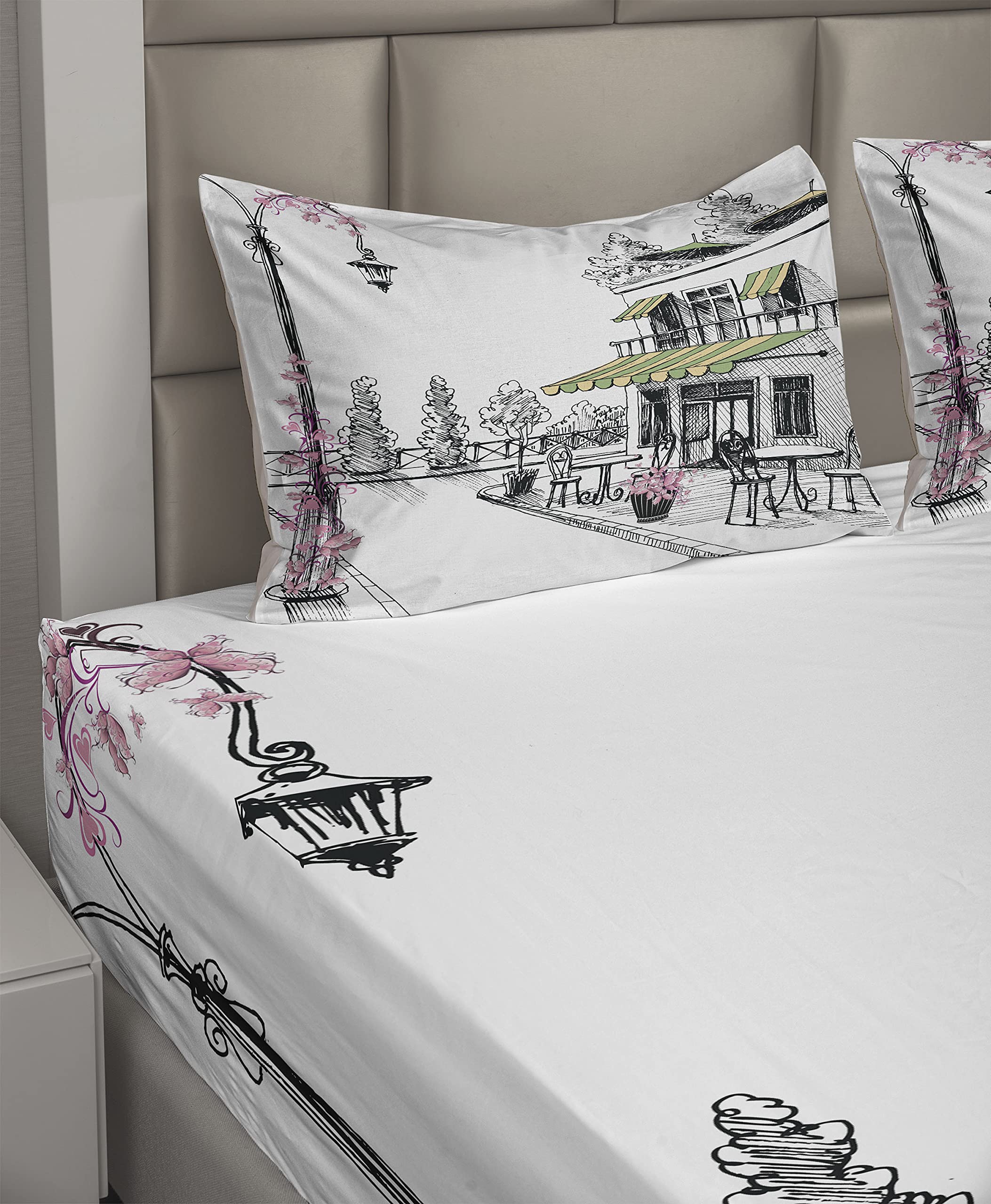 Ambesonne Parisian Patio Sketch 4-Piece King Sheet Set - Charcoal Grey & White Digital Illustration Bedding with Fitted Sheet, Flat Sheet & Pillowcases | Perfect for Guest Rooms, Master Bedrooms & Bohemian Home Decor