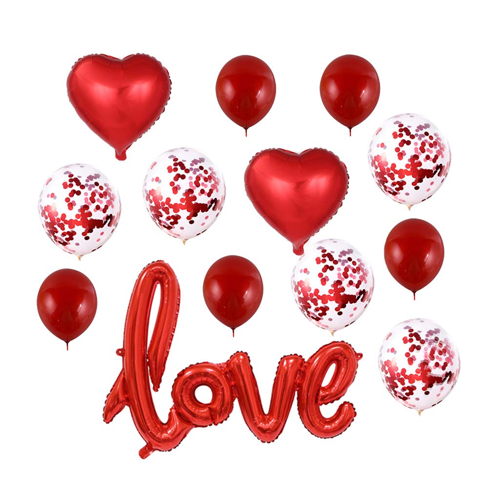 Amosfun 13-Piece Valentine's Day Love Decor Balloon Set - 1 Love Balloon, 2 18-Inch Heart Balloons, 5 12-Inch Latex & 5 Glitter Balloons (Red) - Perfect for Romantic Parties, Anniversaries & Wedding Decorations