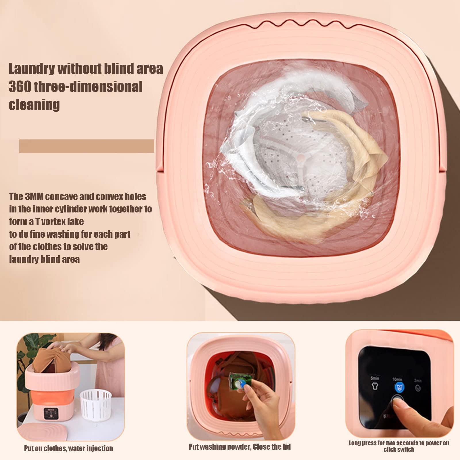Portable Mini Washing Machine - Foldable Compact Washer for Baby Clothes, Underwear & Delicates | Perfect Gift for Girls & Moms | Ideal for Dorms, Apartments, Travel & Camping (Pink)