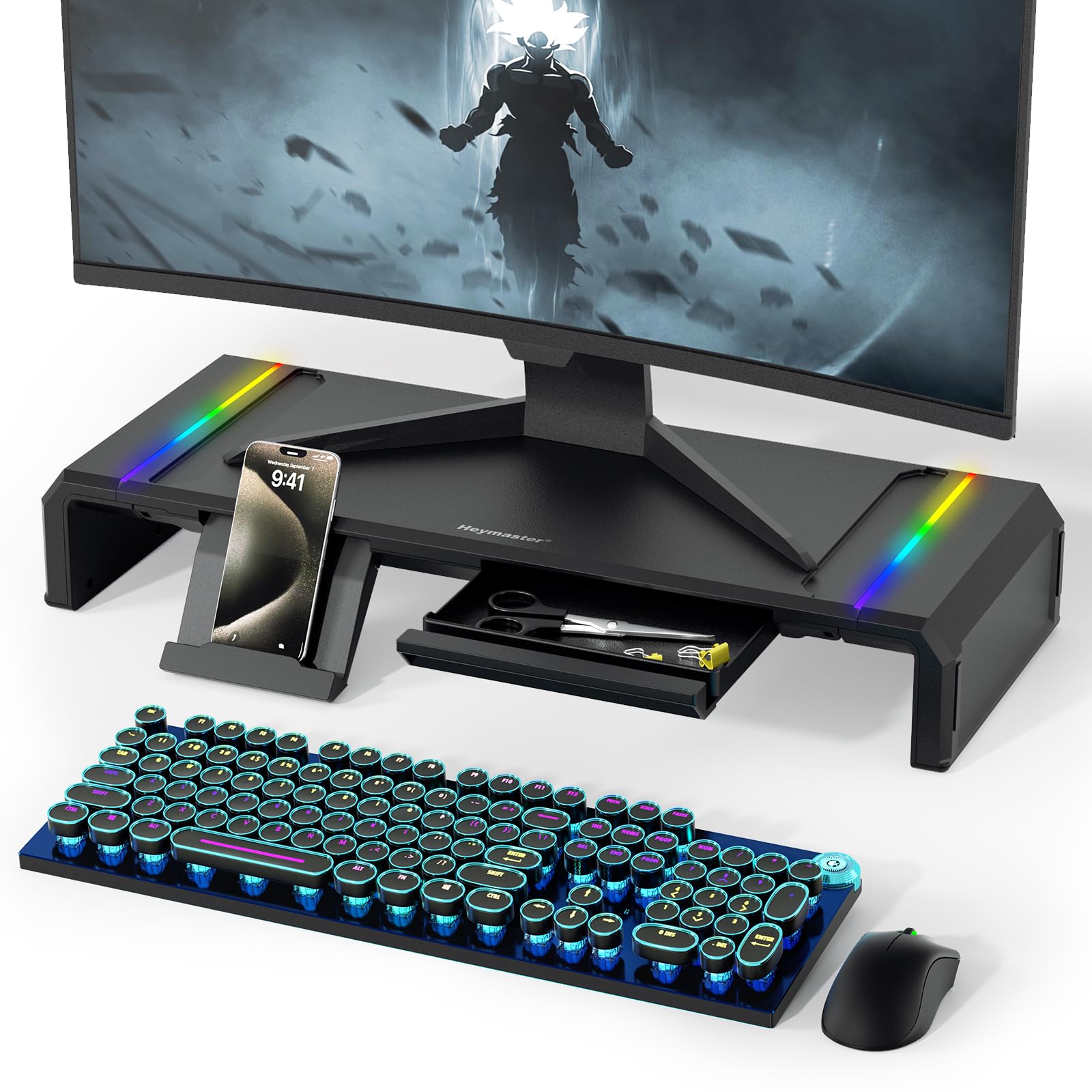 RGB Gaming Monitor Stand with Foldable Design & LED Lights - Ergonomic Desk Riser for Computer, Printer & Workspace Organization - Perfect for Home Office, Gaming Setup & Workspace Accessories (Black)