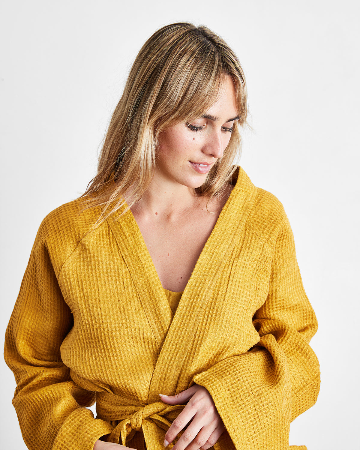 100% Organic Turmeric Dyed French Flax Linen Waffle Weave Robe - Spa, Bath, Lounge & Relaxation Wear for Women & Men