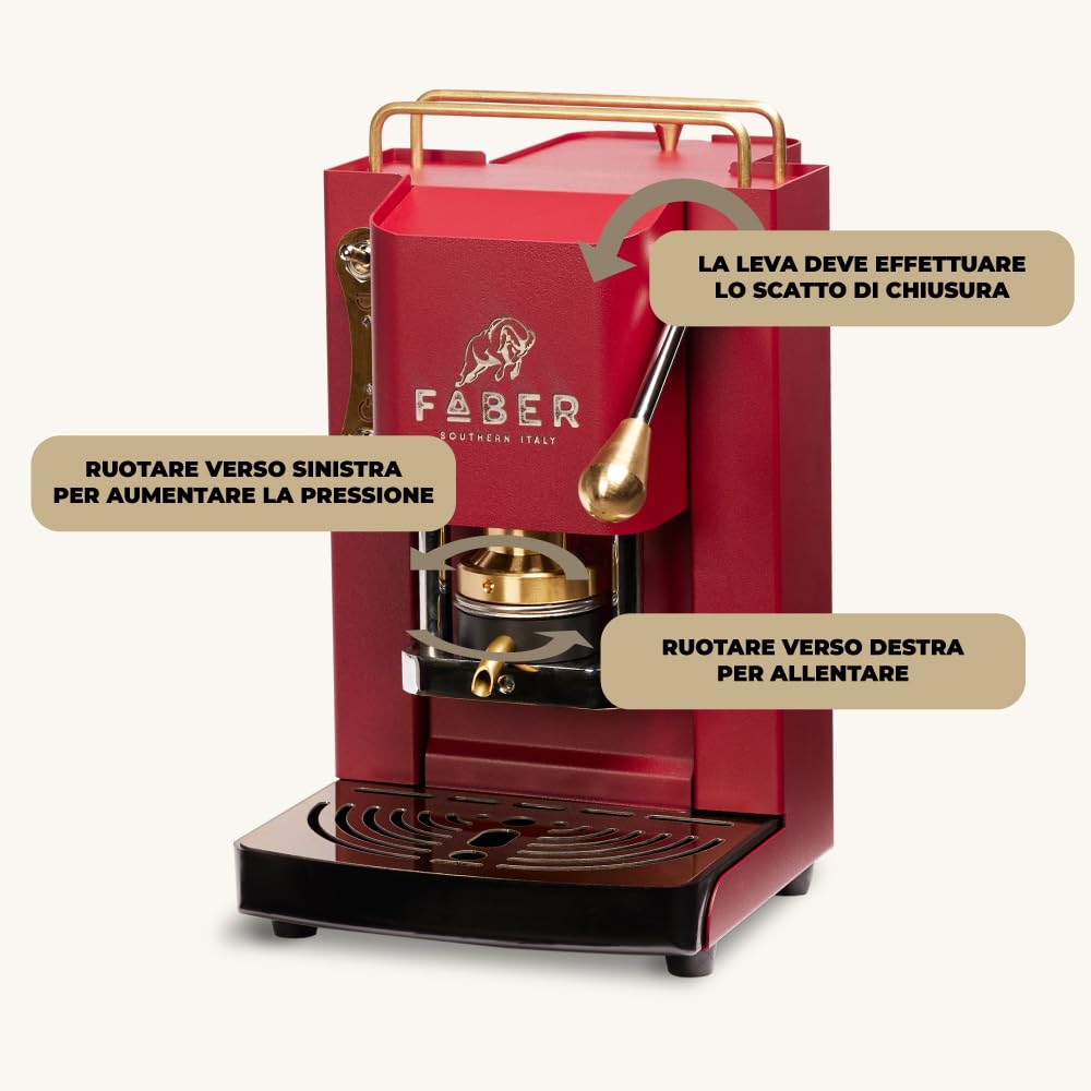 FABER Pro Mini Deluxe Coffee Machine | 44mm Single Serve Espresso Maker | Adjustable Brass Portafilter | Cherry Red | Perfect for Home & Office Use