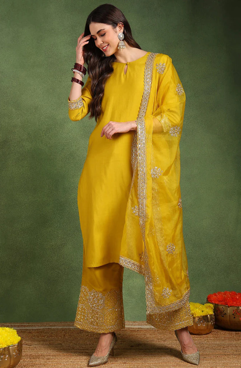 Elegant Yellow Silk Blend Kurta Set for Women | Comfortable & Stylish Indian Ethnic Wear | Perfect for Festivals, Weddings & Parties