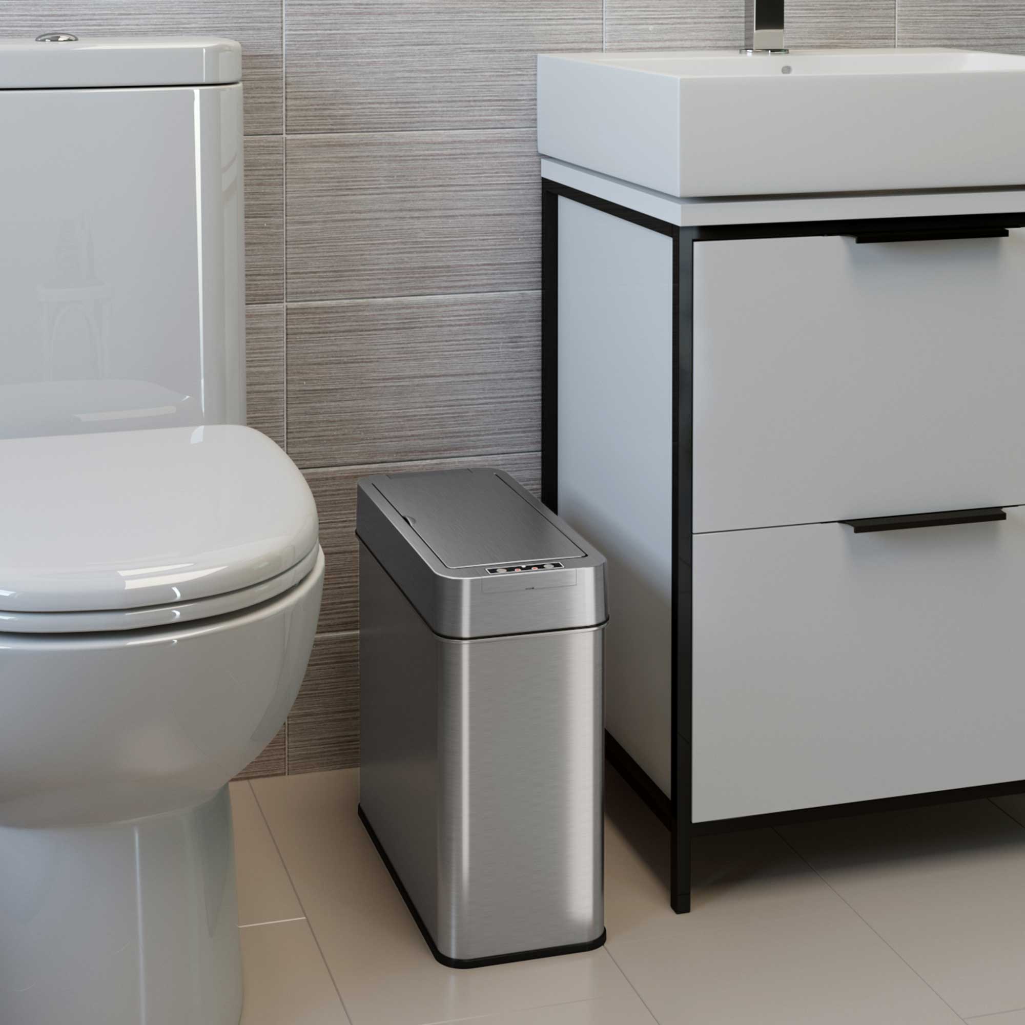 4 Gallon Slim Self-Contained Electric Motion Sensor Bathroom Trash Can with Right Side Lid Opening - Perfect for Bathrooms, Kitchens, Offices & Bedrooms