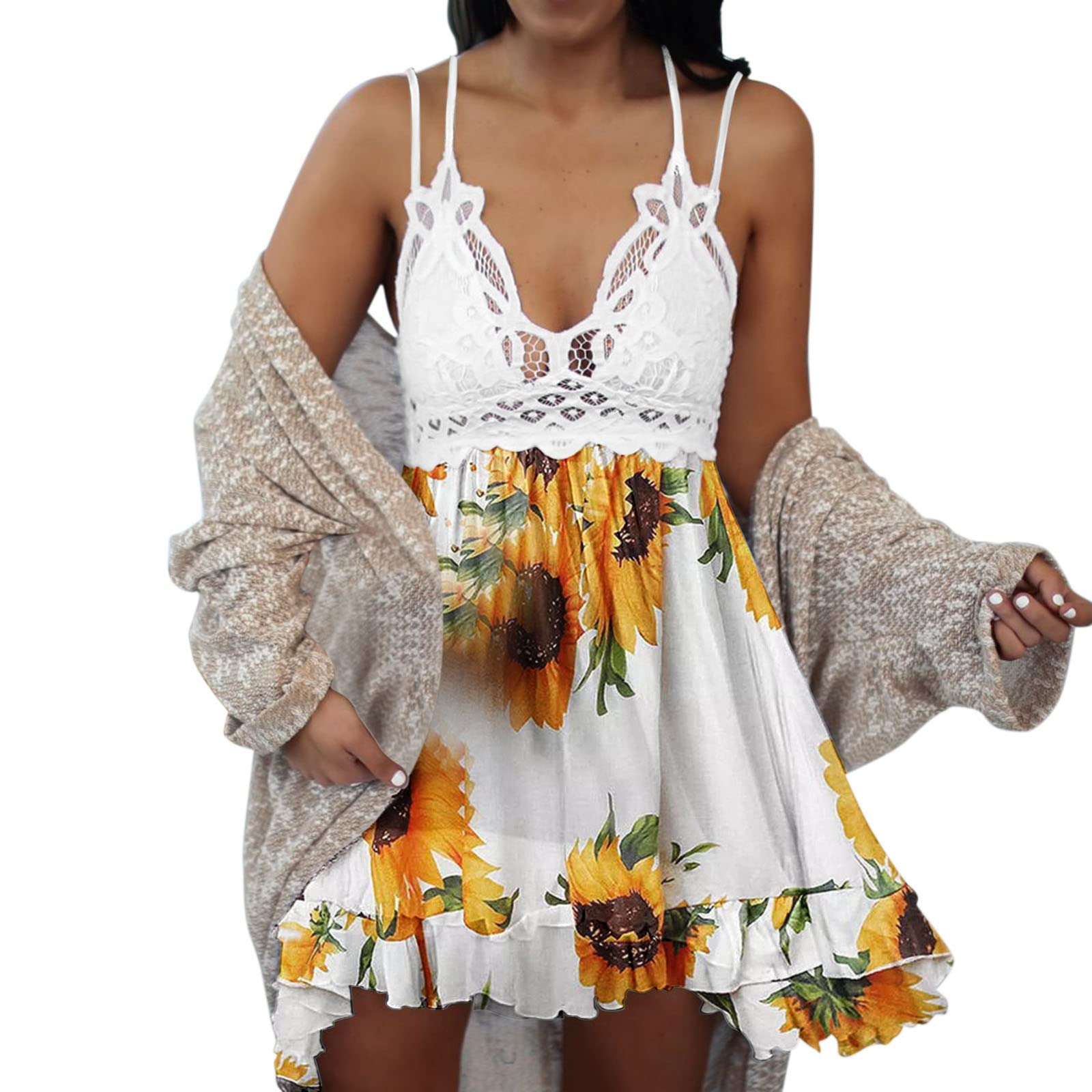 Women's Summer Floral Print Lace Sundress - Sleeveless V-Neck Hollow Out Casual Beach Dress for Vacation, Party, and Outdoor Activities