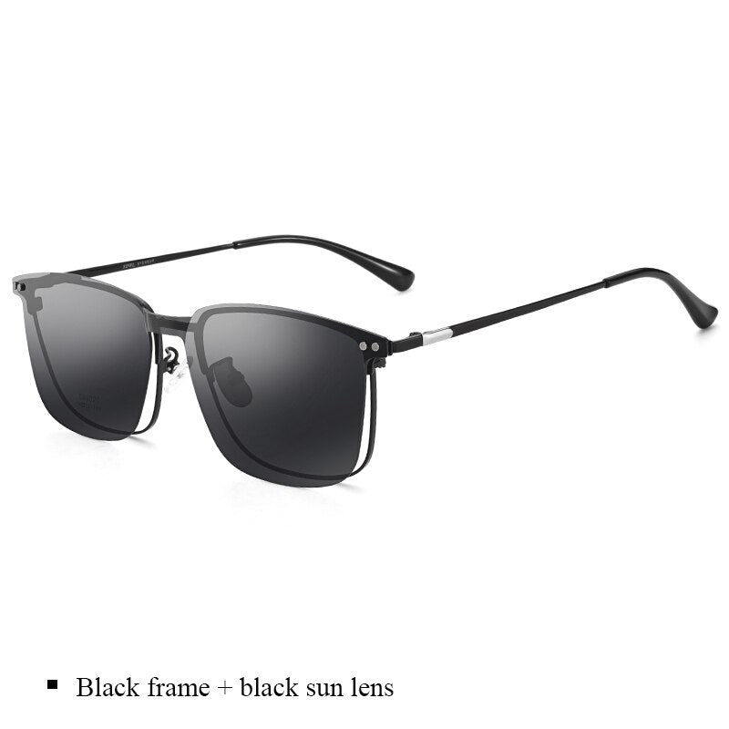 Bclear Men's Full Rim Square Alloy Frame Eyeglasses with Clip-On Polarized Sunglasses - ZT94020 | Stylish UV Protection for Driving, Outdoor Activities & Everyday Wear