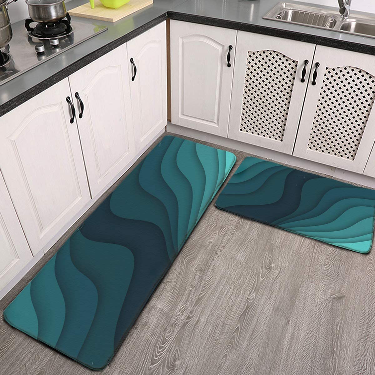 Non-Slip Abstract Turquoise Blue Wavy Striped Kitchen Rugs Set of 2 - Machine Washable Anti-Skid Floor Mats for Indoor/Outdoor Use - Perfect for Kitchen, Entrance Way, Laundry Room & High Traffic Areas