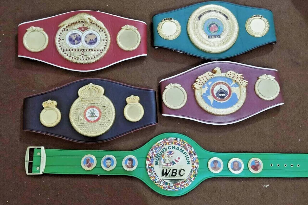 IBO IBF WBA WBC WBO Championship Boxing Belts Set - 5 Authentic Adult Title Belts with Free Mini Ring Magazine Belt (Muhammad Ali & Mike Tyson Style) - Perfect for Boxing Fans, Collectors, and Sports Memorabilia Displays