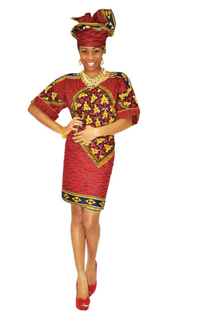 Stylish Deep Red & Goldish Yellow African Print Top & Wrap Skirt DP3786 | Perfect for Cultural Events, Parties & Summer Outfits