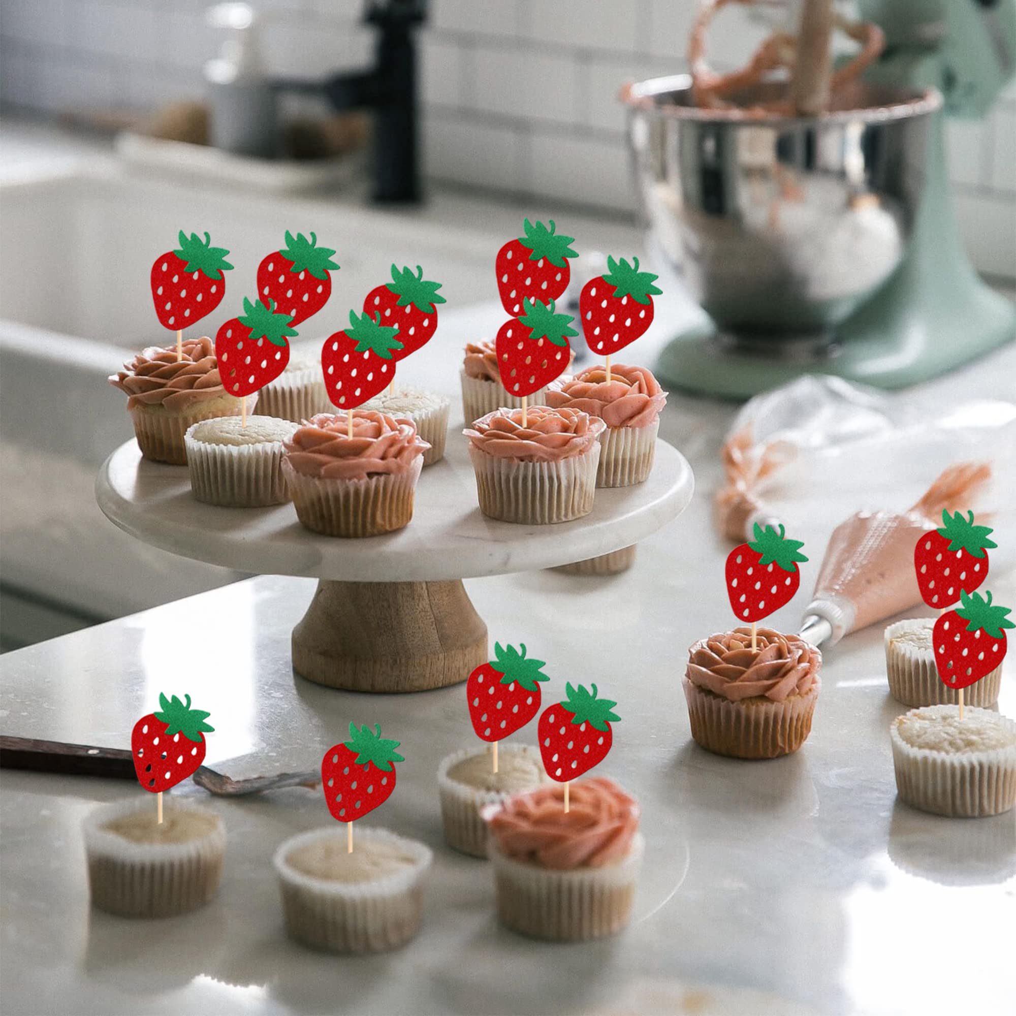 24 PCS Red Glitter Strawberry Cupcake Toppers - Fruit Theme Cake Decorations for Baby Showers, Kids Birthday Parties, Summer Desserts & Sweet Treats - Berry Picks for Baking, DIY Cake Decorating & Party Supplies