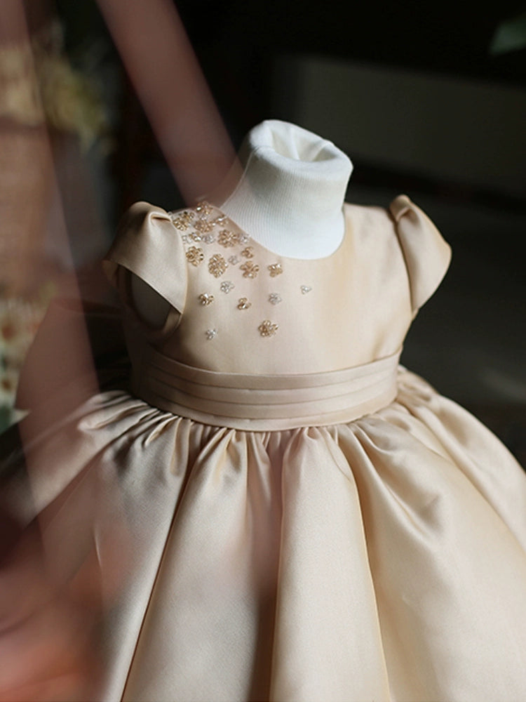 Champagne Princess Round Tea Length Satin Flower Girl Dress for Weddings, Bridal Showers & Special Occasions