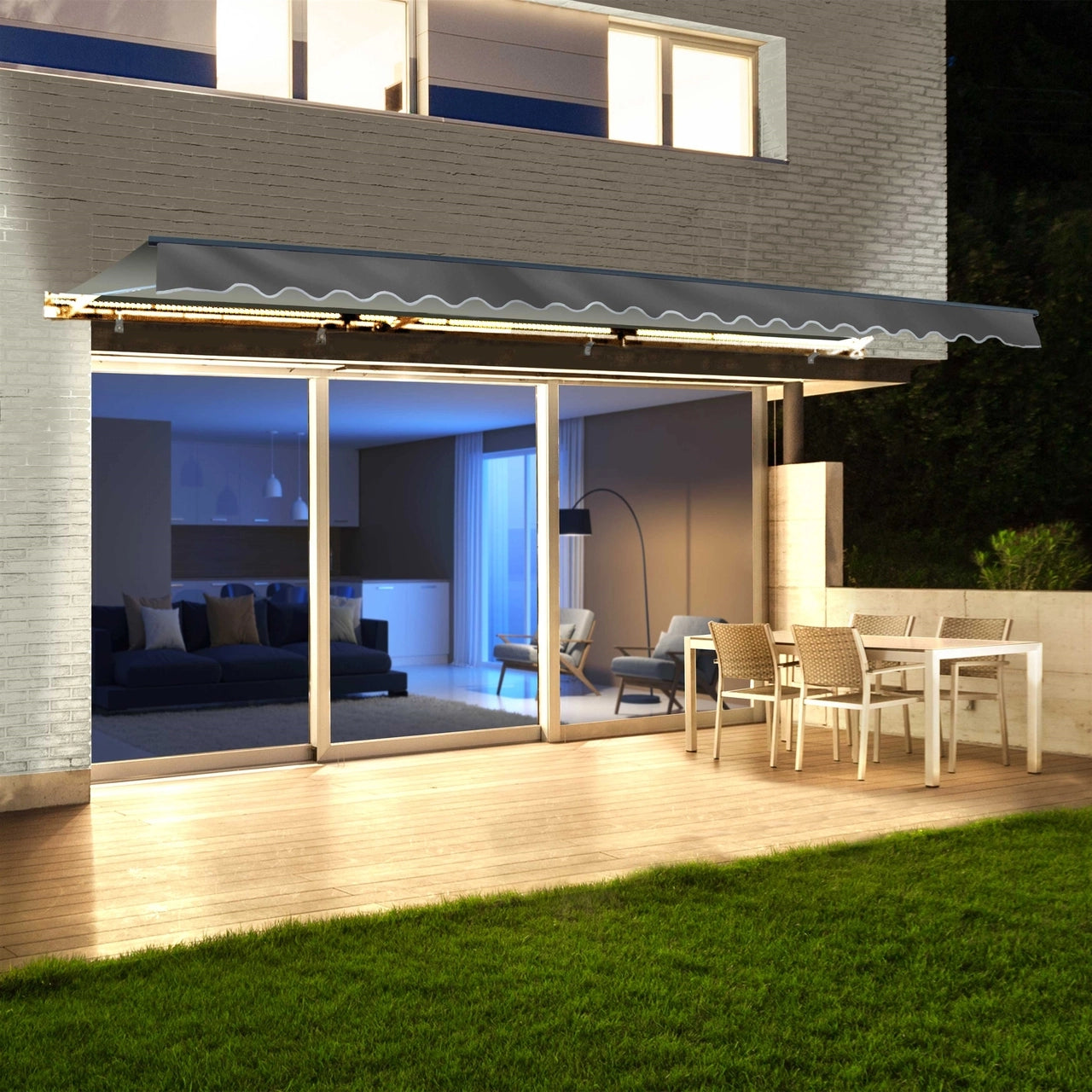 ALEKO Half Cassette Motorized Retractable LED Patio Awning - 12x10 Feet, Gray | Outdoor Shade Solution for Deck, Garden & Backyard