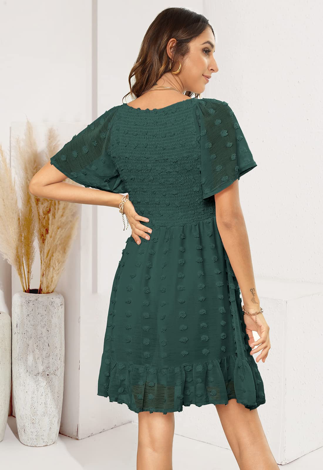 Annebouti Women's 2025 Spring Summer Mini Dress - Smocked Swiss Dot Babydoll Dress with Short Sleeves, Casual Flowy Dress for Beach, Picnic & Date Night
