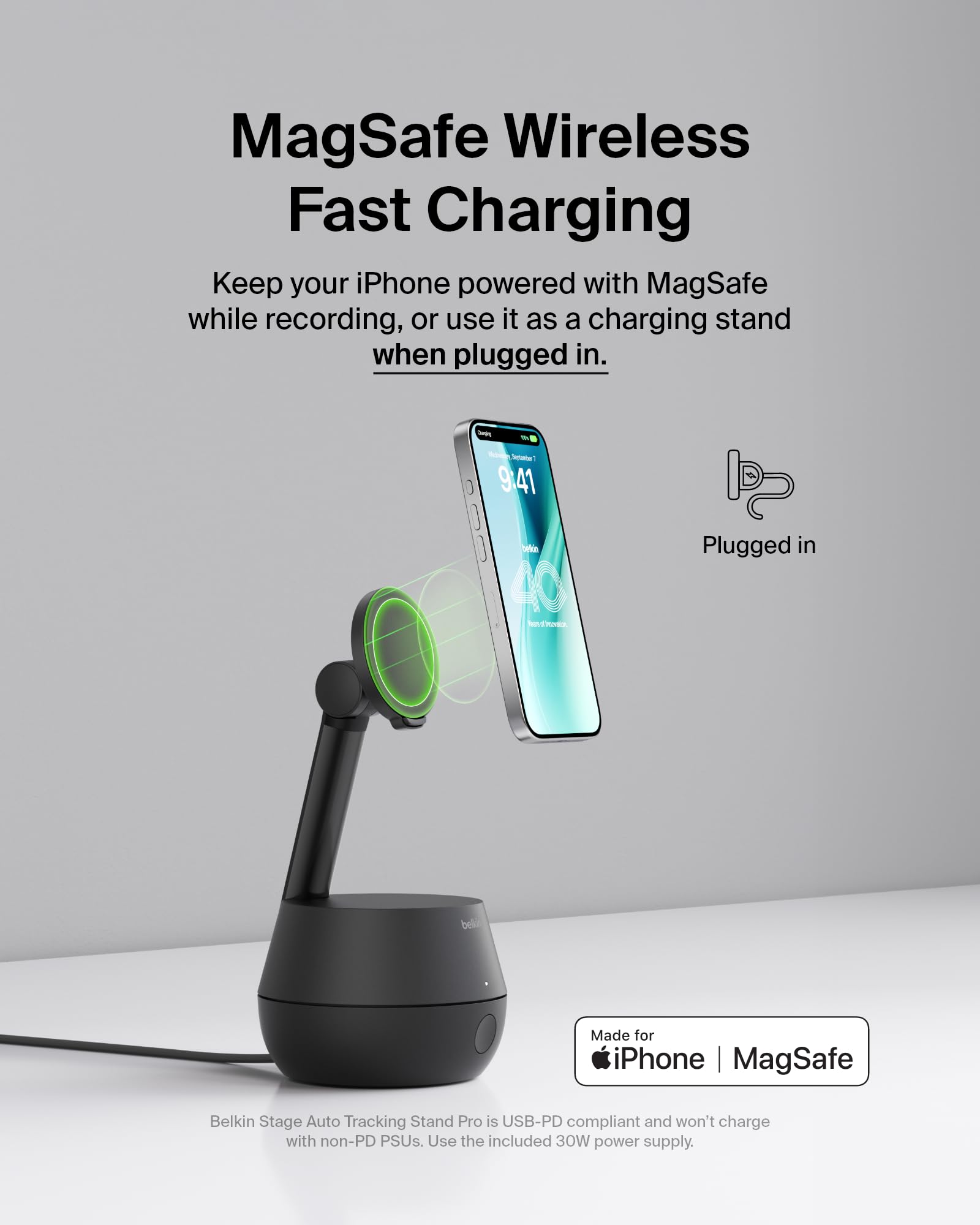 Belkin Wireless Charger Stand with Auto Face Tracking - Apple DockKit Certified, Tripod & MagSafe Compatible, 360° Rotation for iPhone - Perfect for FaceTime, TikTok, YouTube & Social Media Content Creation