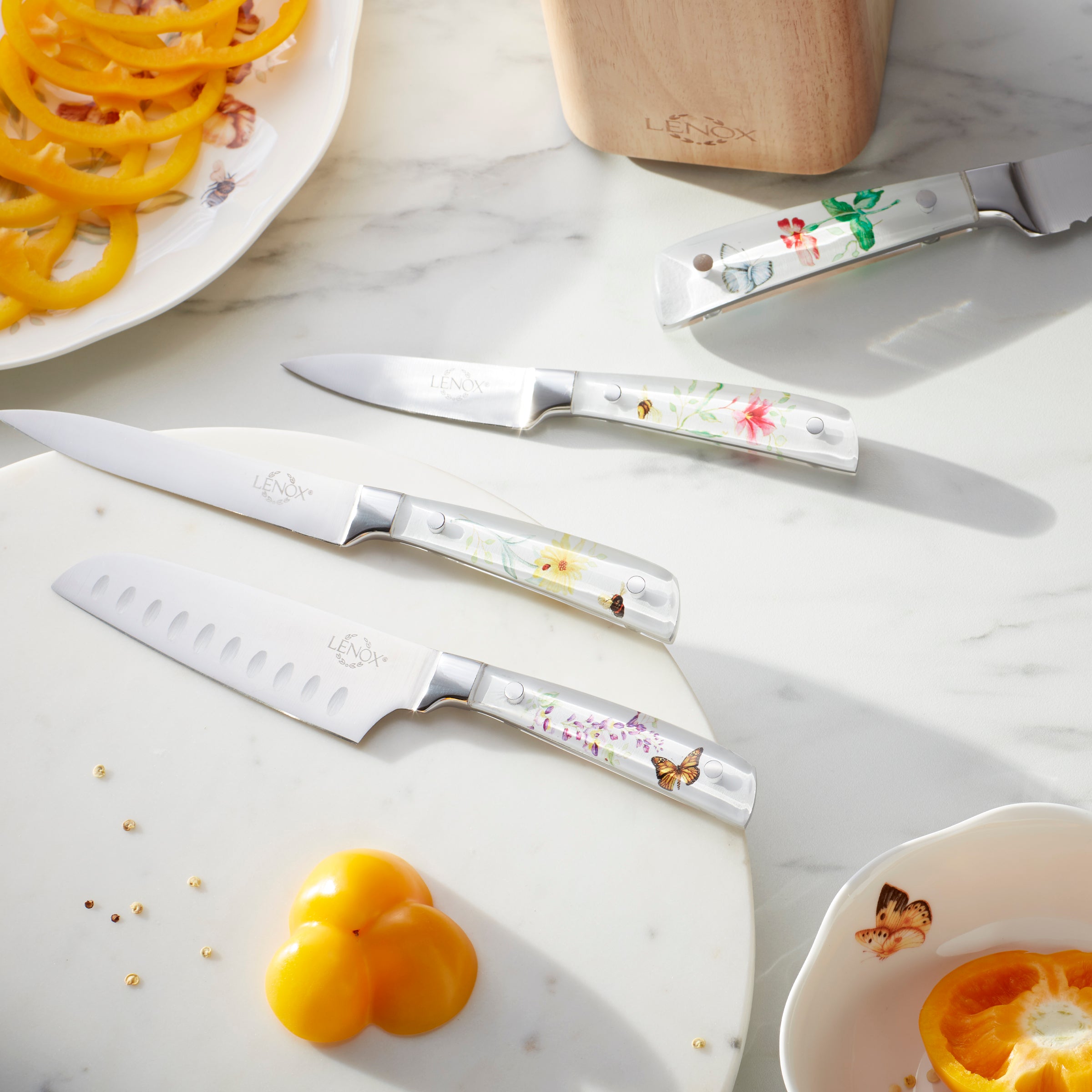 Butterfly Meadow 6-Piece Knife Block Set - Premium Stainless Steel Kitchen Knives with Wooden Holder for Home Cooking, Slicing, Dicing & Food Prep