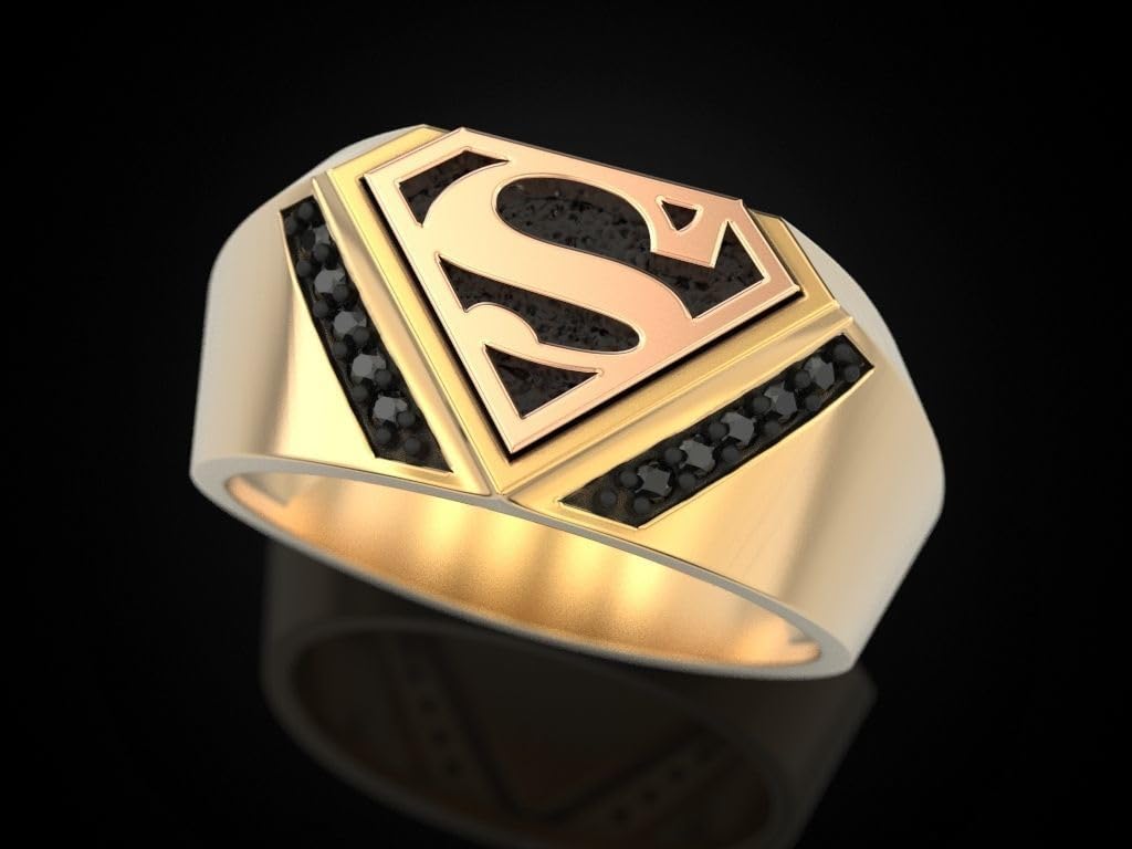0.10 Ct Round Cut Black Diamond Men's Superhero Ring - 14K Gold Plated 925 Sterling Silver Handmade Signet Ring - Perfect Gift for Him - Ideal for Cosplay, Weddings & Special Occasions