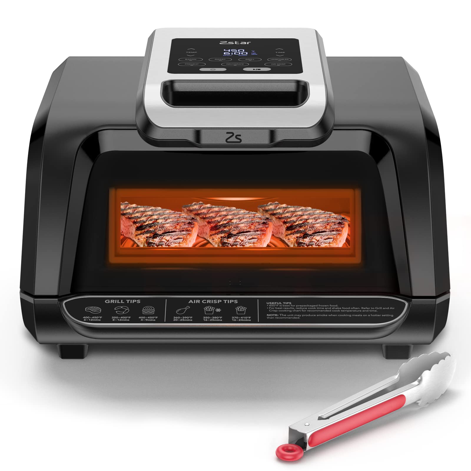 7-in-1 Indoor Grill & Air Fryer Combo - 1750W Smokeless Electric Grill with See-Through Window, Non-Stick Removable Plates & Silicone Tongs - Up to 450°F Even Heating - 4Qt Capacity - Perfect for Healthy Cooking, Family Meals & Small Kitchen Spaces (Black)