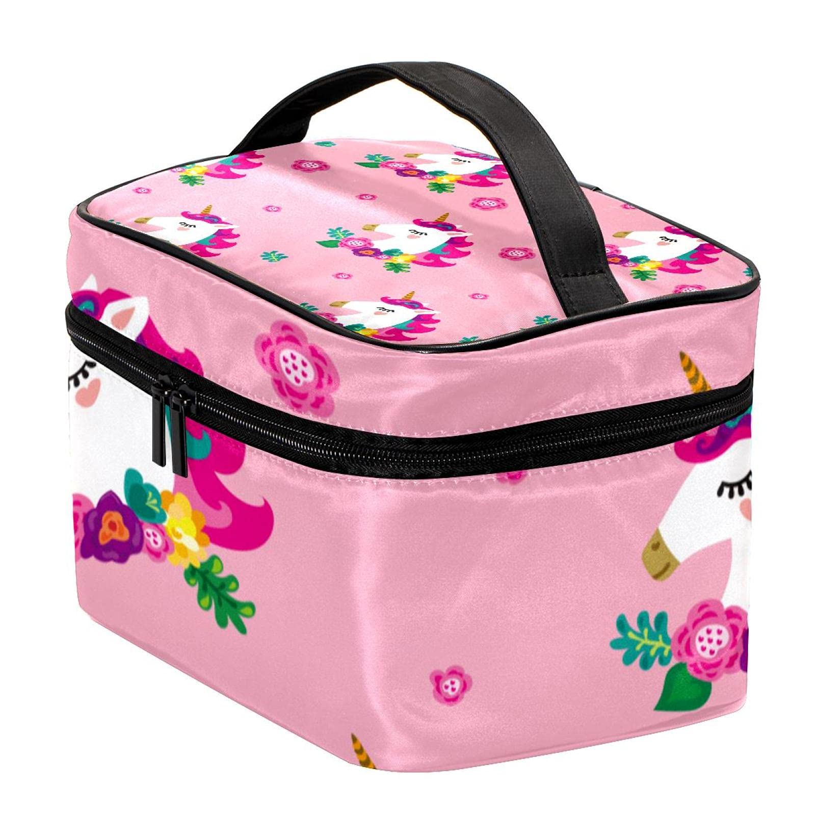 Pink Floral Unicorn Travel Makeup Bag - Large Cosmetic Organizer with Zipper for Women & Girls | Perfect for Vacation, Gym, School & Daily Essentials Storage