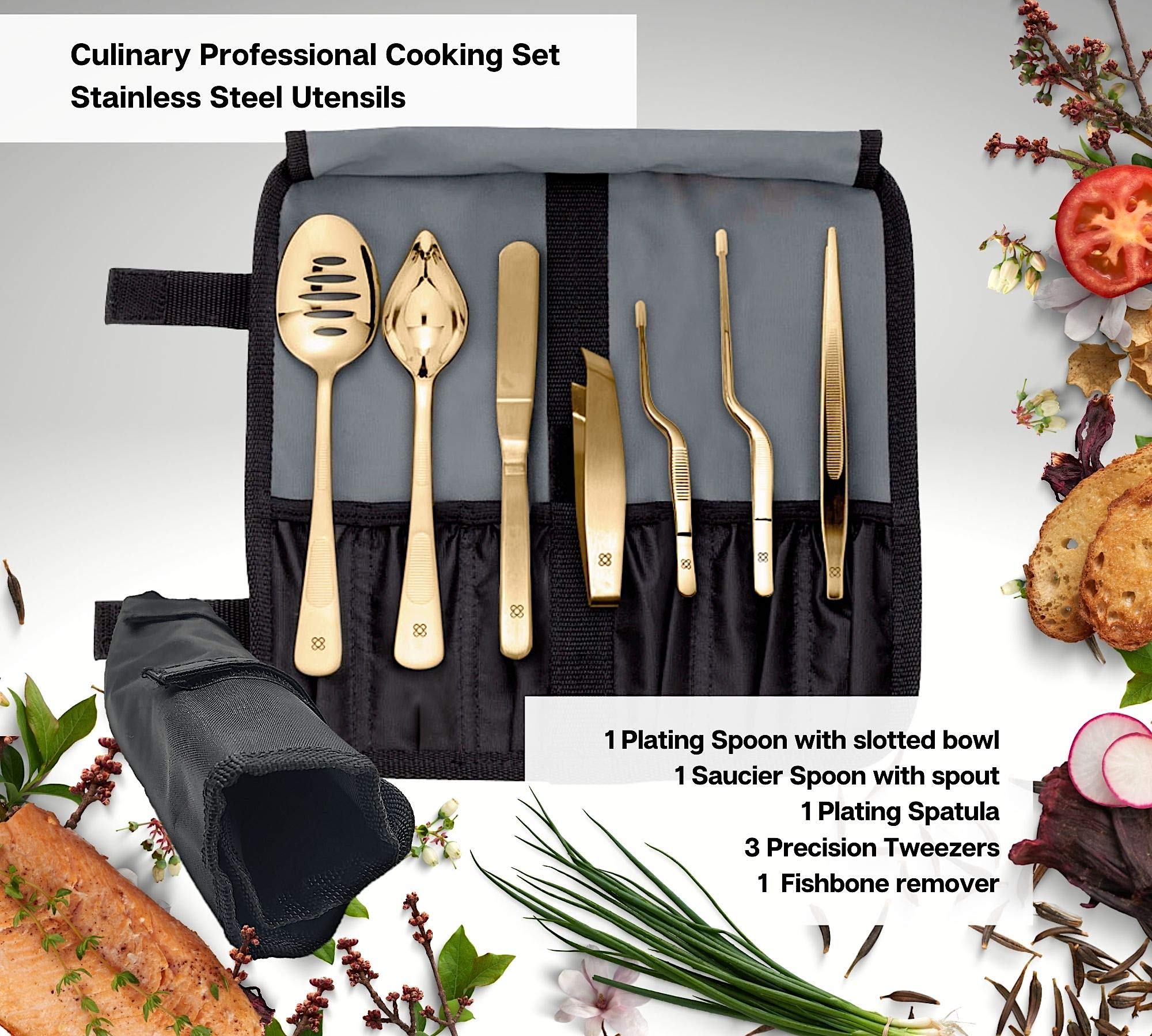 Professional 7-Piece Gold Plating Tools Culinary Set - Chef Utensils for Cooking, Tweezers, Spoon, Fish Tongs, Spatula & Slotted Spoon | Modernist Cuisine & Food Art Presentation | Perfect for Home Chefs, Restaurants & Culinary Enthusiasts