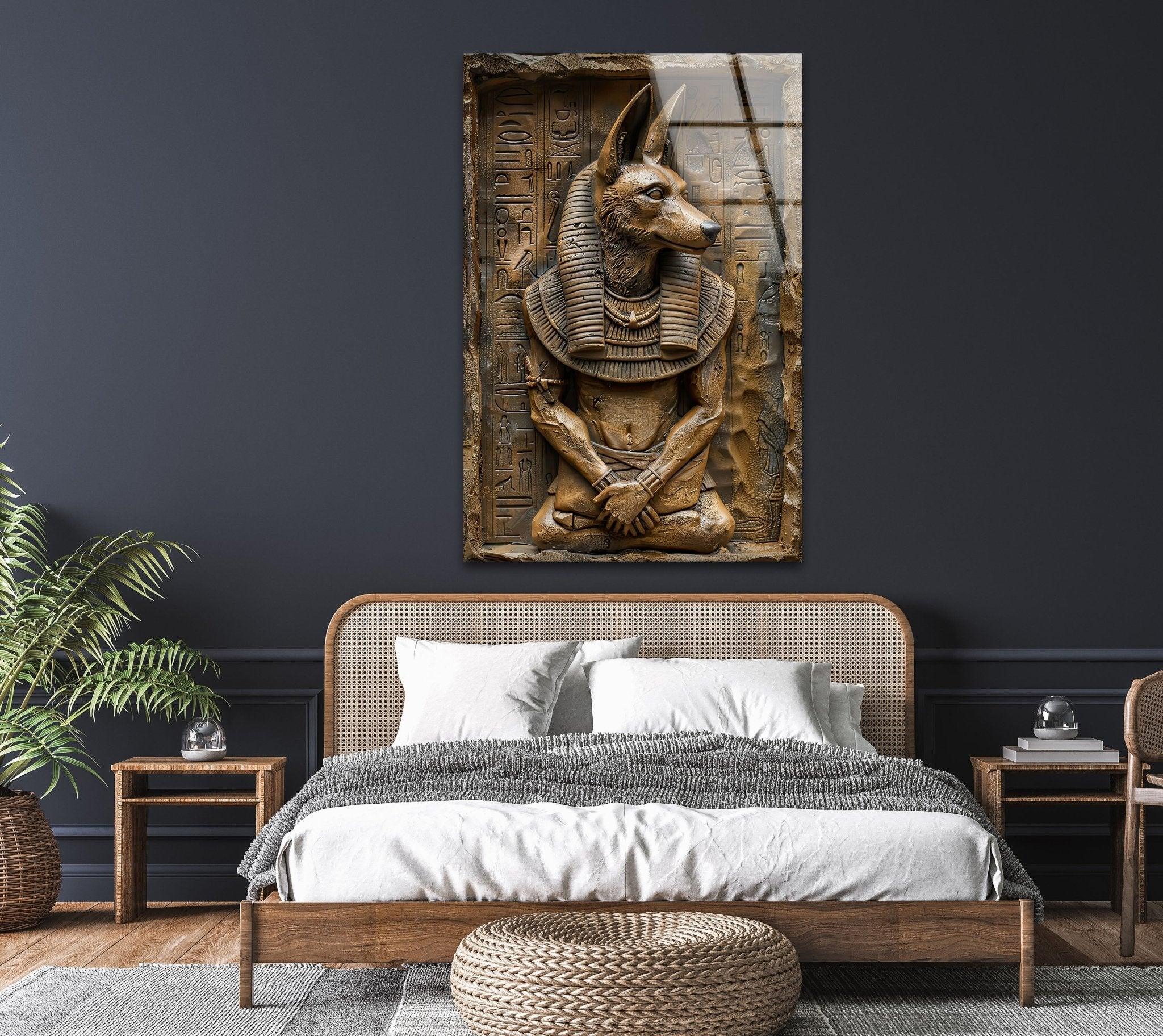 Anubis Statue Glass Wall Art - Egyptian God Home Decor for Living Room, Bedroom & Office - Handcrafted Glass Wall Sculpture for Spiritual & Gothic Decor