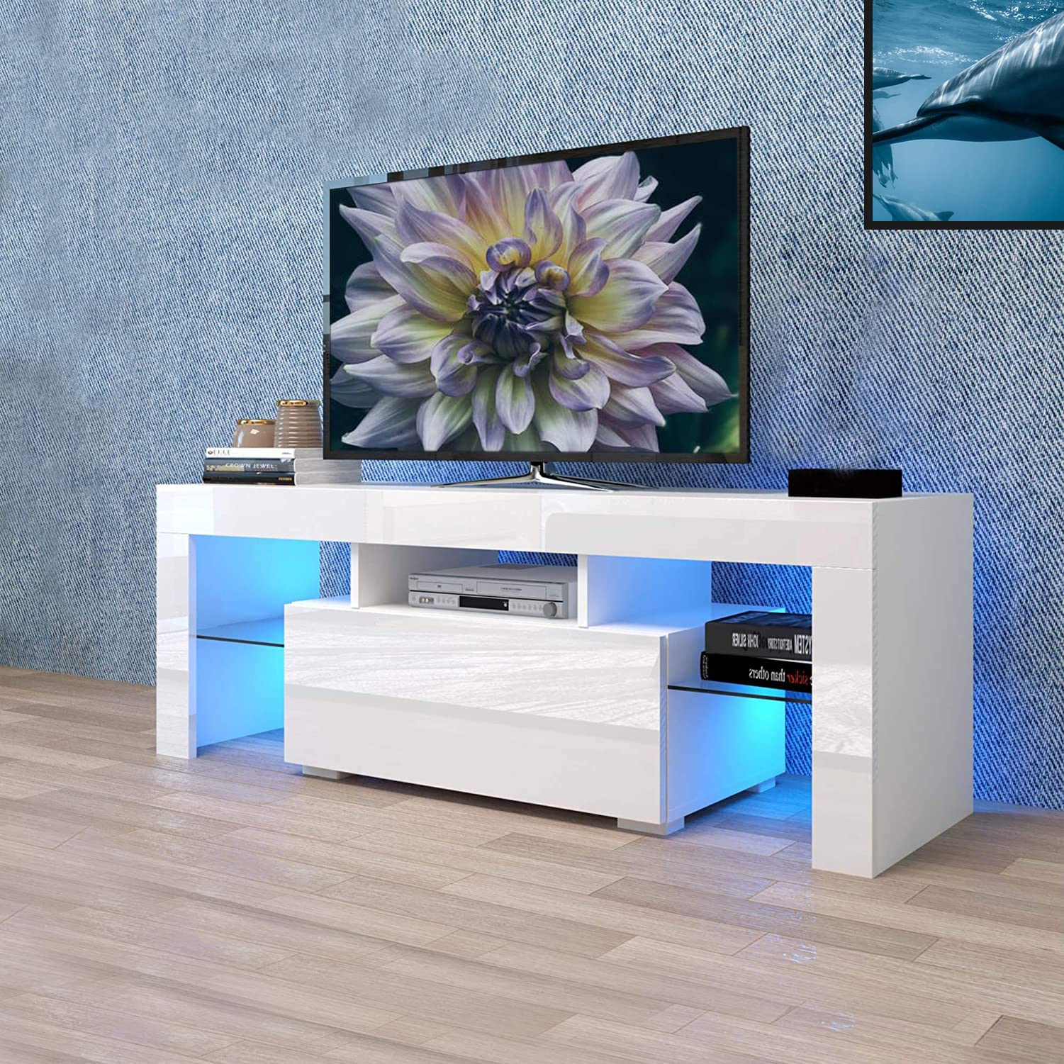 55/60/65 Inch LED TV Stand with 2 Storage Drawers & LED Lights - Modern High Gloss White Entertainment Center Console for Living Room, Bedroom, Home Theater Media Furniture (51 Inch)