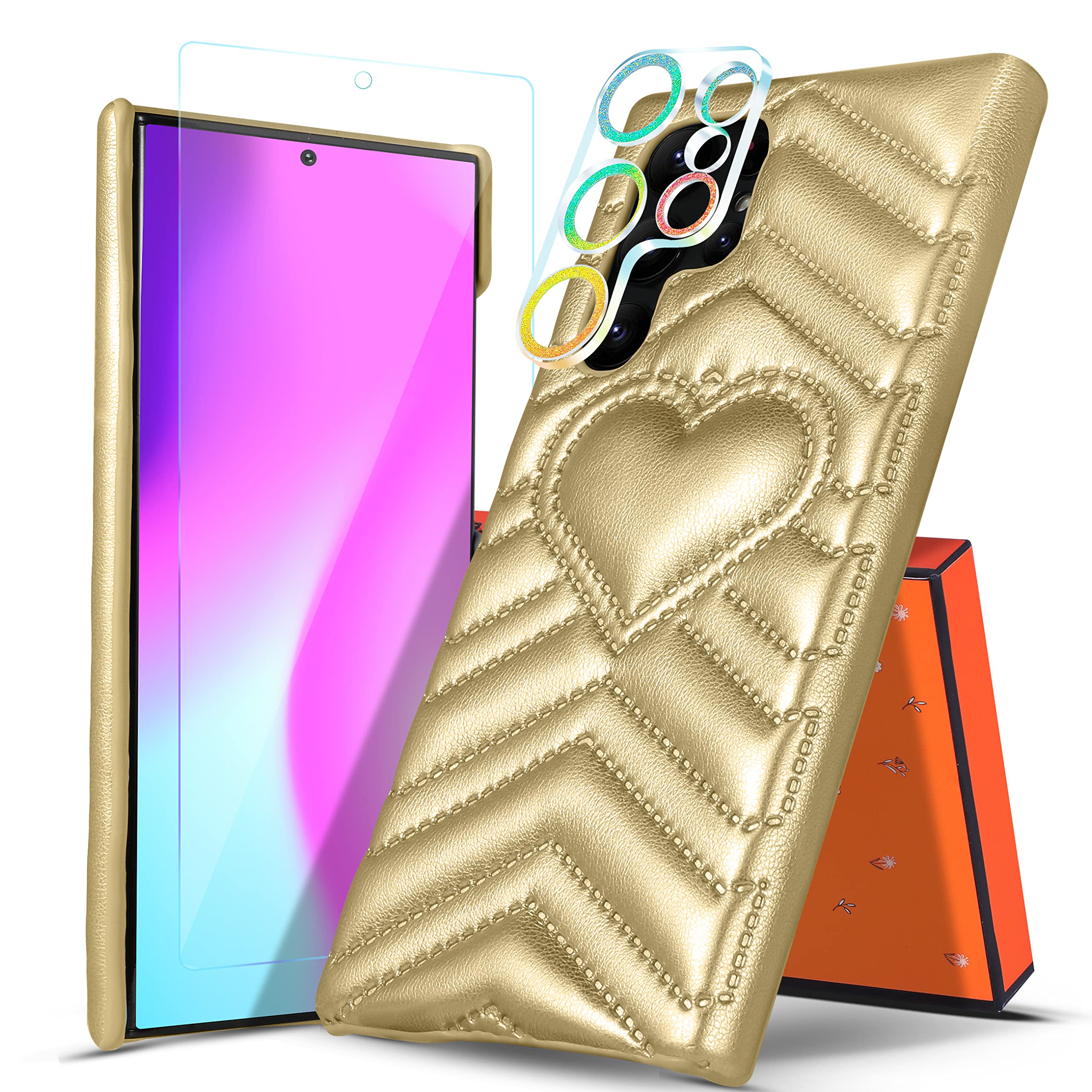 3-in-1 Luxury Cute Heart Design Leather Phone Case for Samsung Galaxy S22 Ultra - Trendy Girly Aesthetic Gold Cover with Screen & Camera Protector - Perfect Gift for Women & Girls (Office, Dating, Travel)